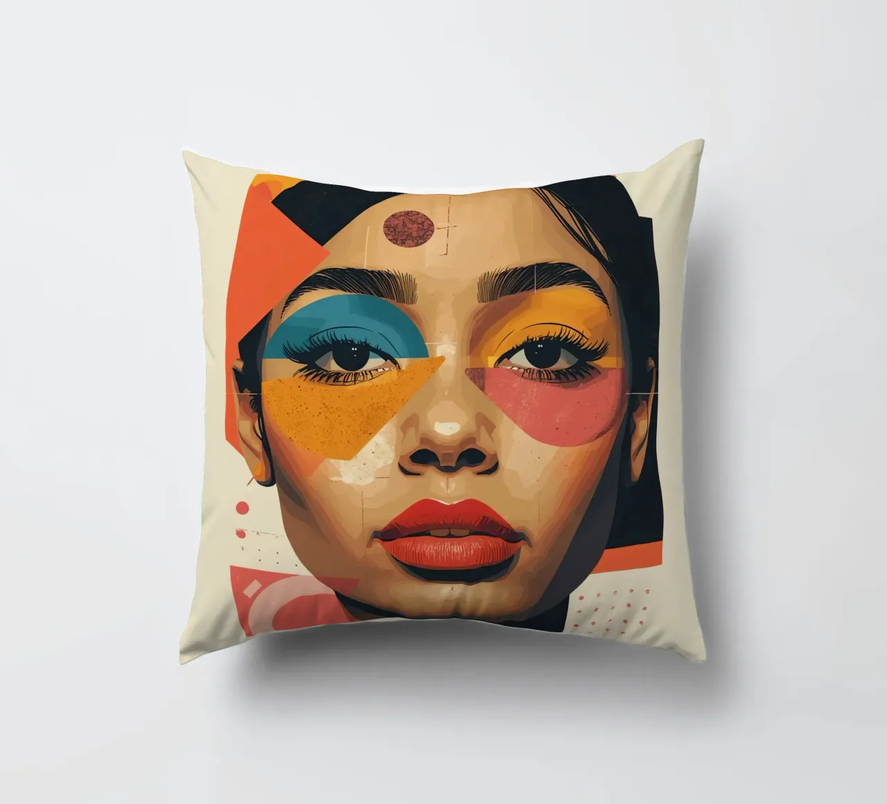 Woman's Face with Geometric Shapes and Abstract Background decorative cushion by DesignDoodle