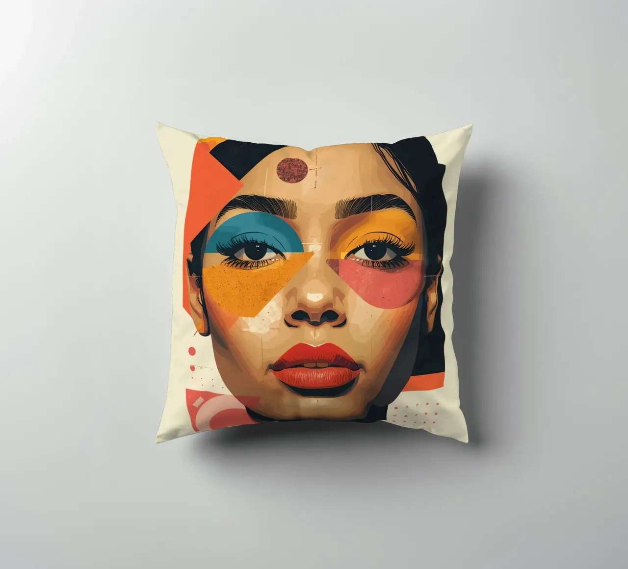Woman's Face with Geometric Shapes and Abstract Background decorative cushion by DesignDoodle