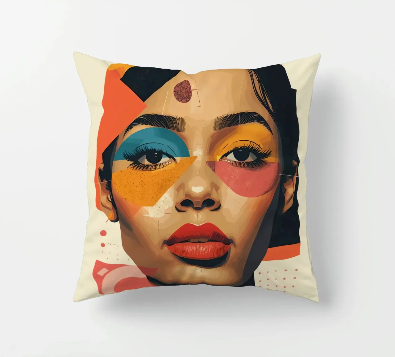 Woman's Face with Geometric Shapes and Abstract Background decorative cushion by DesignDoodle