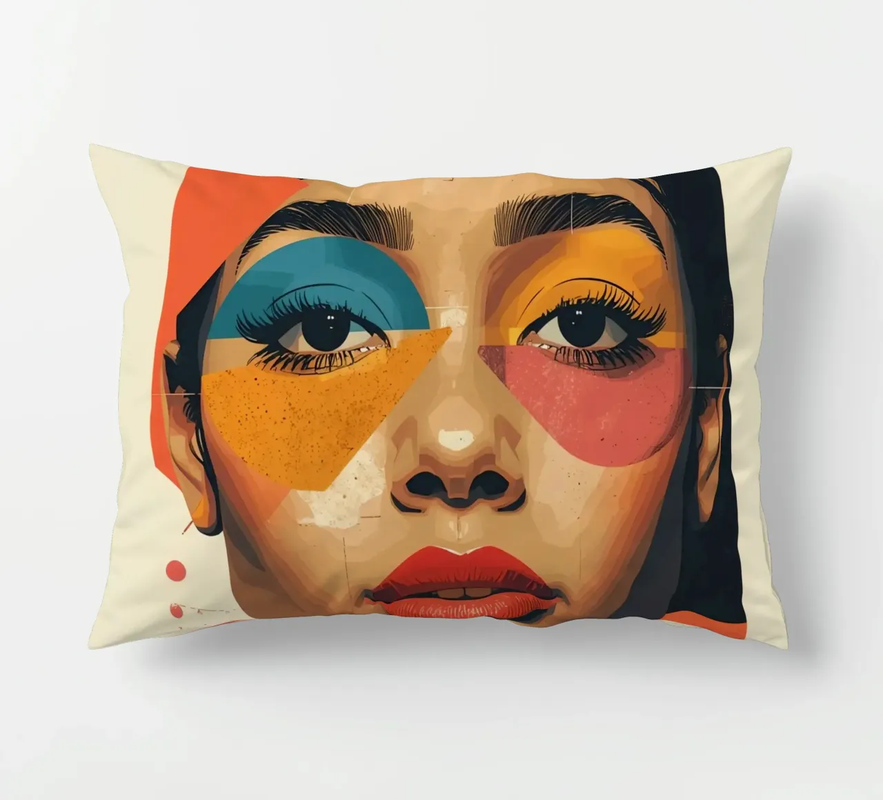Woman's Face with Geometric Shapes and Abstract Background decorative cushion by DesignDoodle