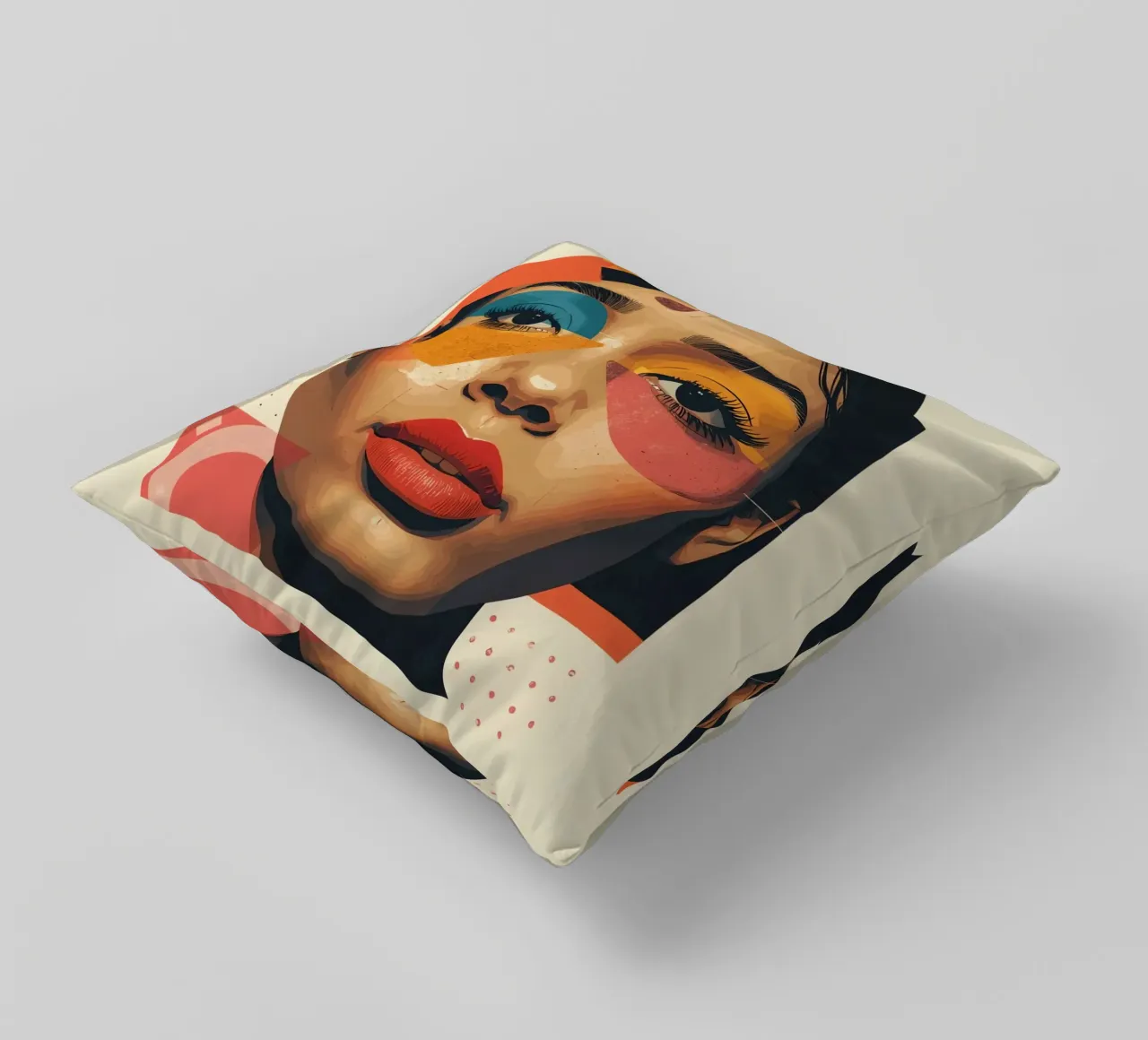 Woman's Face with Geometric Shapes and Abstract Background decorative cushion by DesignDoodle