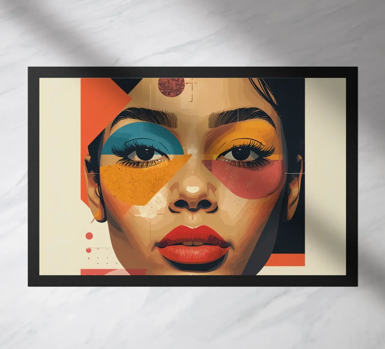 Woman's Face with Geometric Shapes and Abstract Background doormat by DesignDoodle