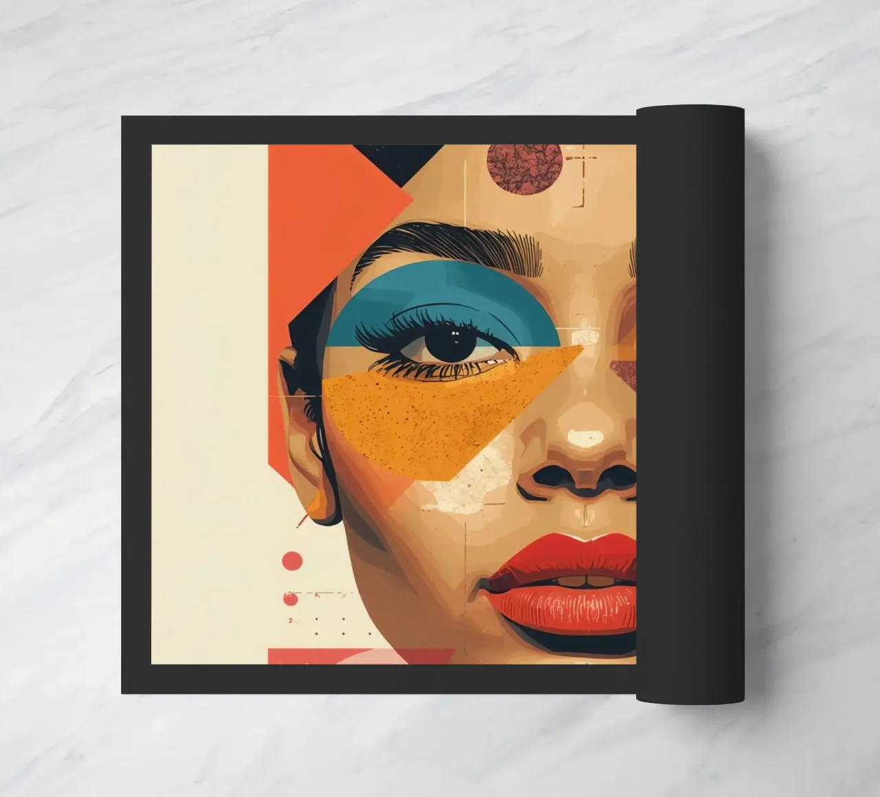 Woman's Face with Geometric Shapes and Abstract Background doormat by DesignDoodle