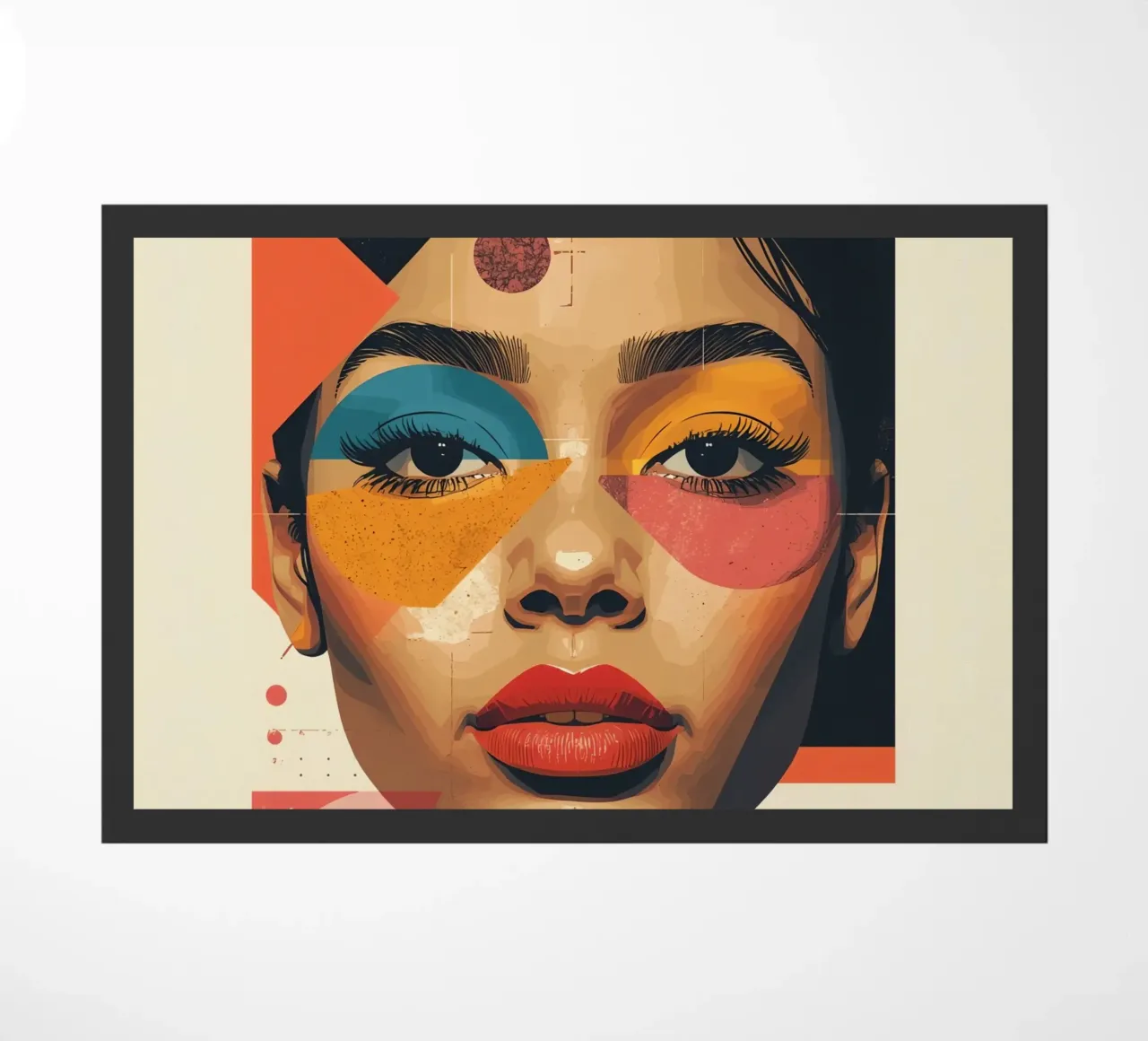 Woman's Face with Geometric Shapes and Abstract Background doormat by DesignDoodle