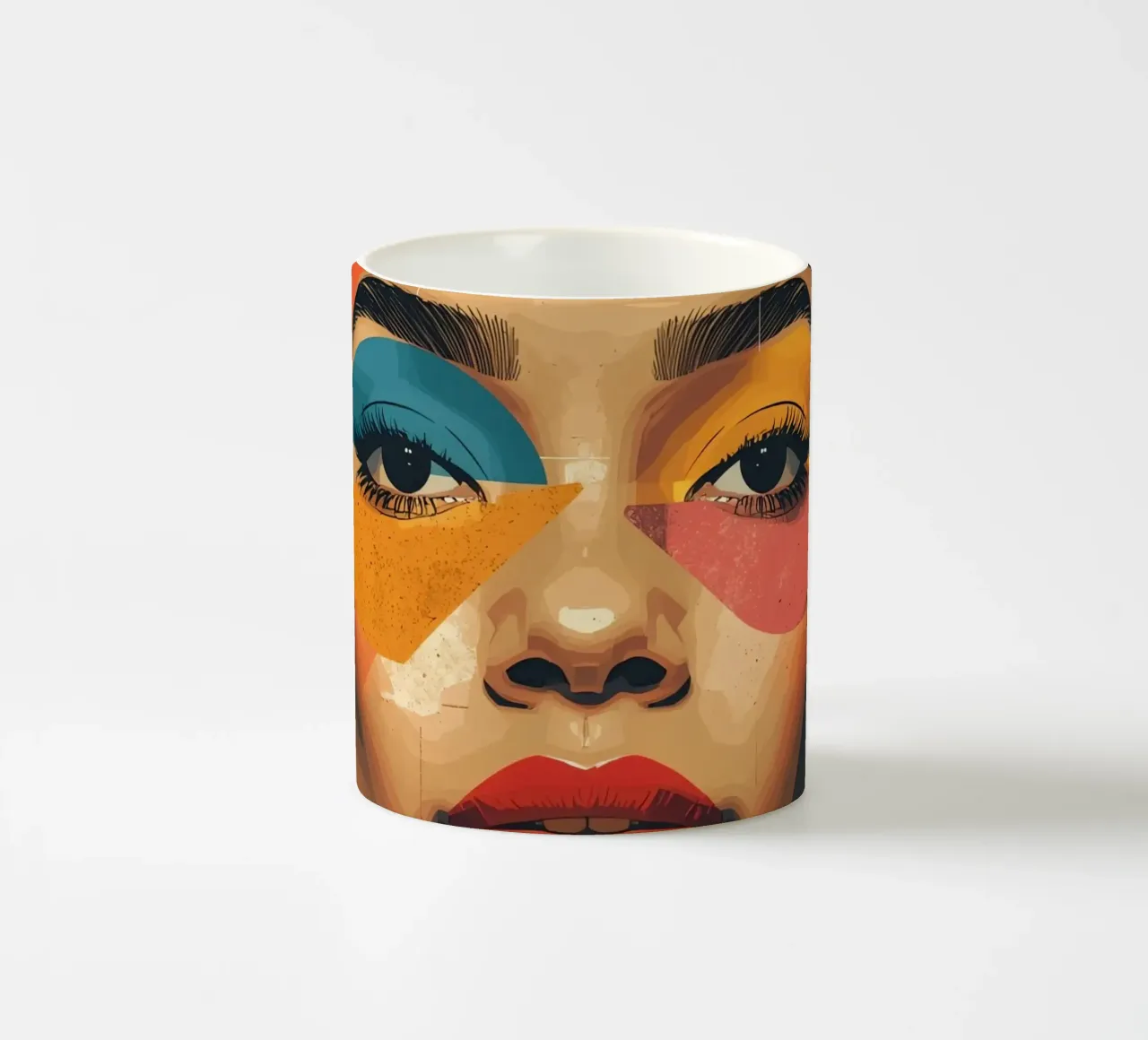 Woman's Face with Geometric Shapes and Abstract Background ceramic mug by DesignDoodle