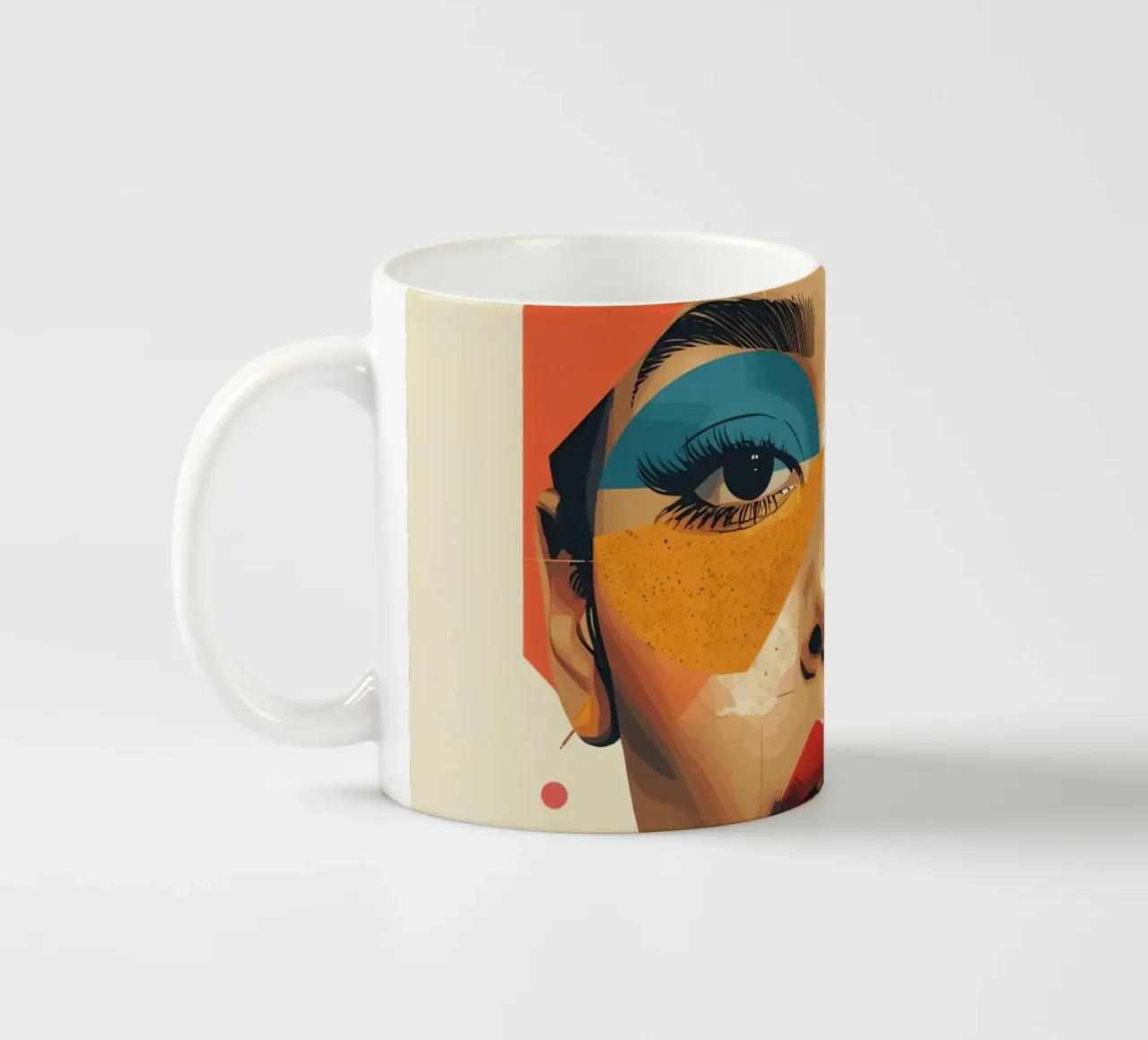 Woman's Face with Geometric Shapes and Abstract Background ceramic mug by DesignDoodle