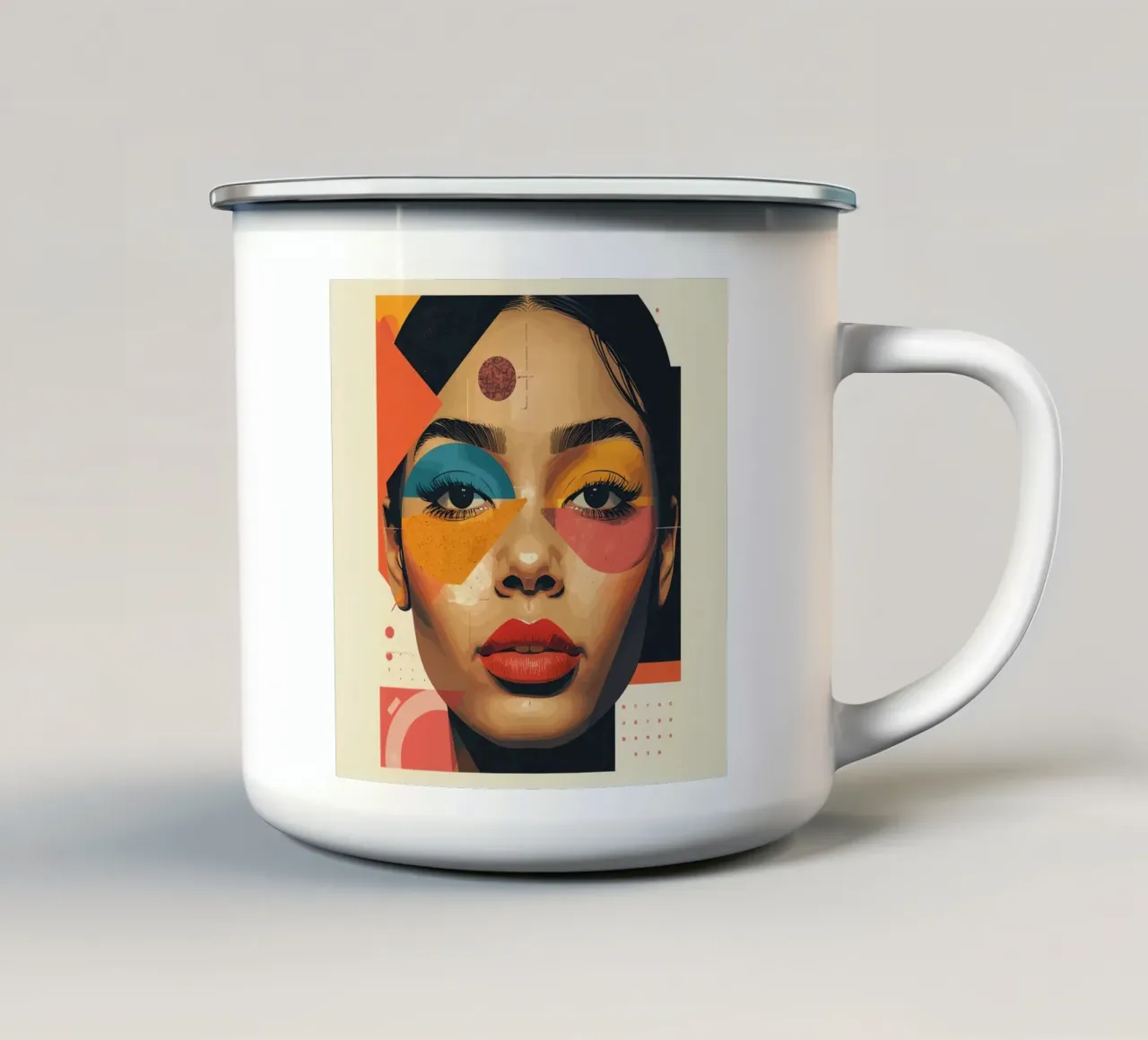 Woman's Face with Geometric Shapes and Abstract Background enamel mug by DesignDoodle