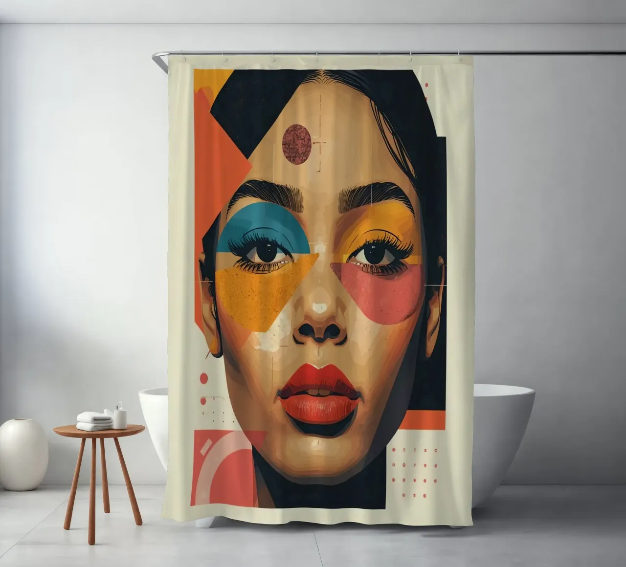 Woman's Face with Geometric Shapes and Abstract Background shower curtain by DesignDoodle