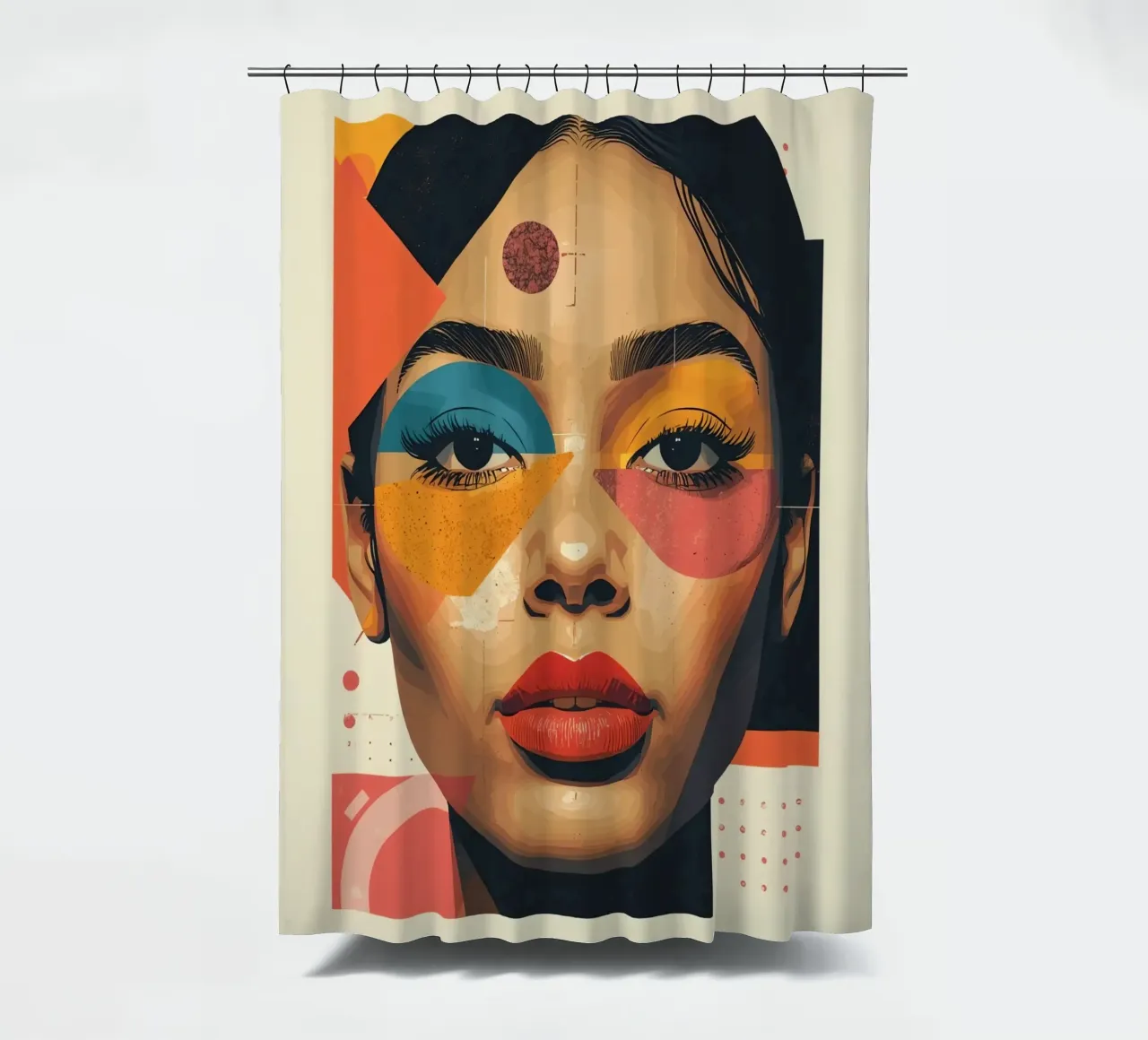 Woman's Face with Geometric Shapes and Abstract Background shower curtain by DesignDoodle