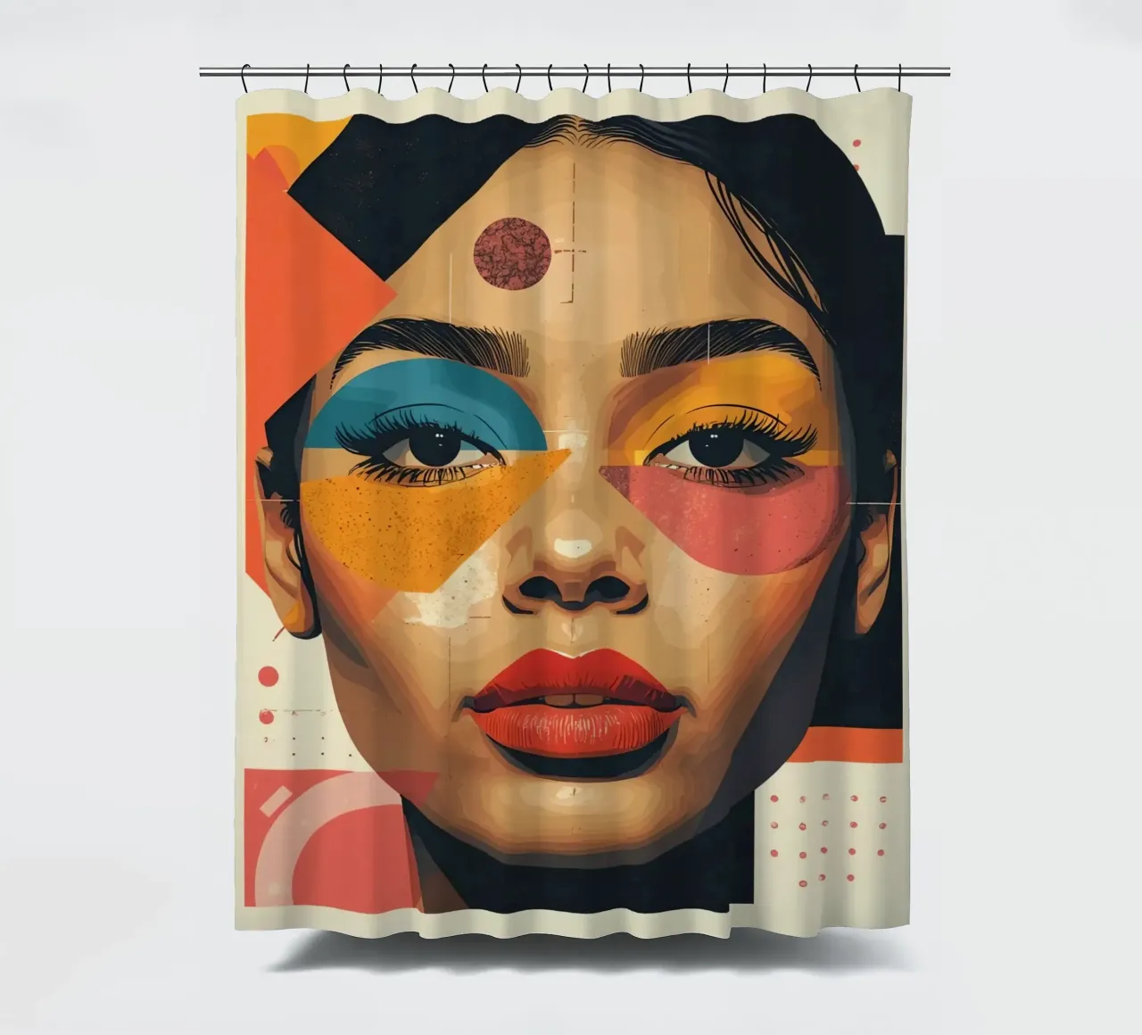 Woman's Face with Geometric Shapes and Abstract Background shower curtain by DesignDoodle
