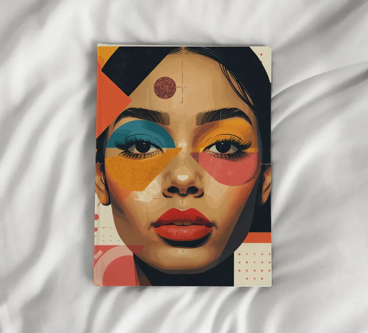 Woman's Face with Geometric Shapes and Abstract Background notebook by DesignDoodle