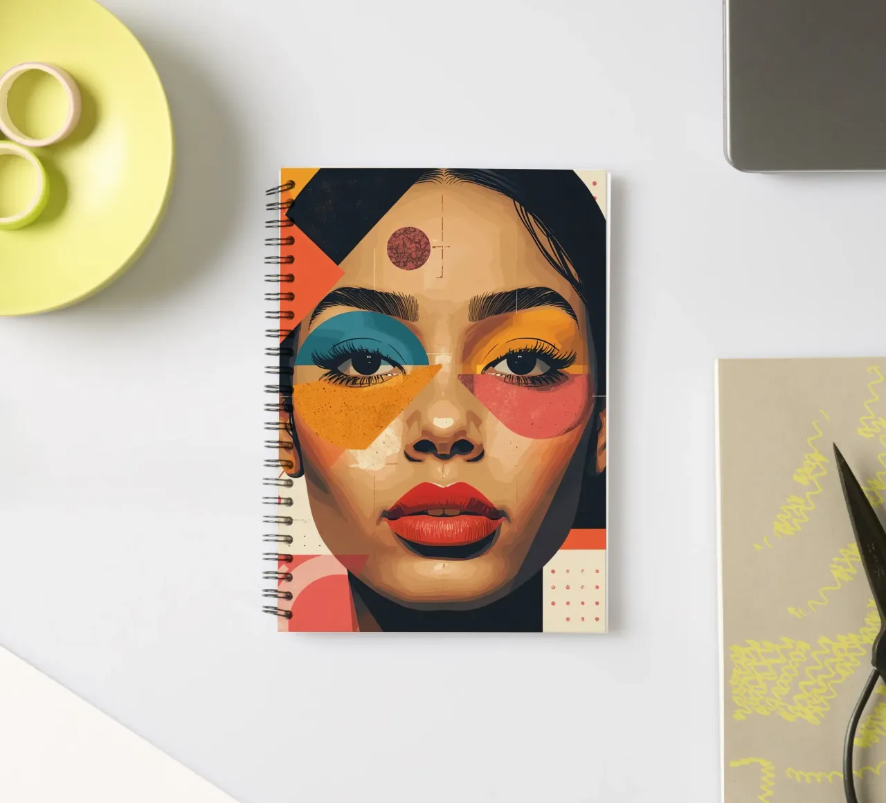 Woman's Face with Geometric Shapes and Abstract Background spiral notebook by DesignDoodle