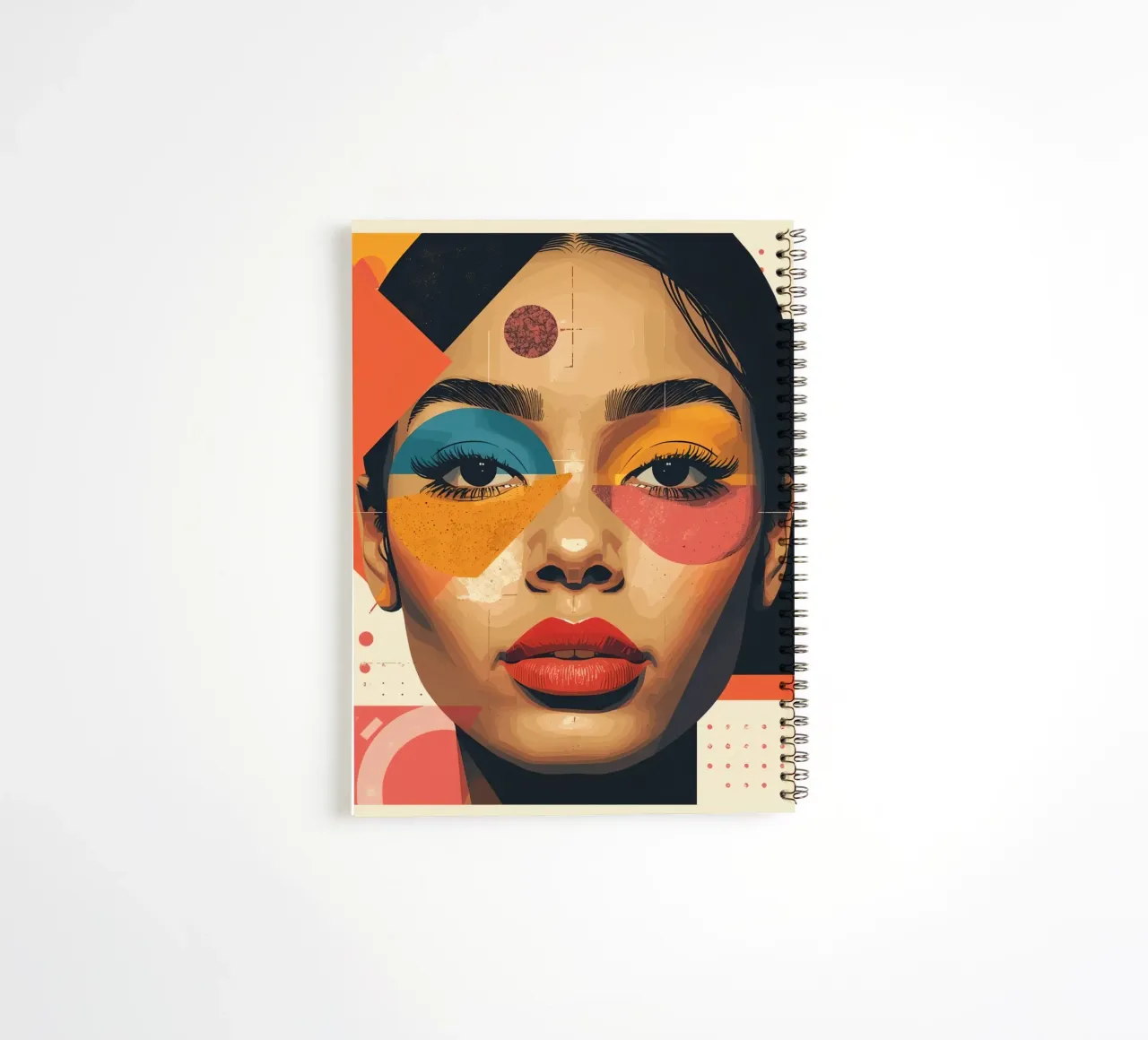 Woman's Face with Geometric Shapes and Abstract Background spiral notebook by DesignDoodle