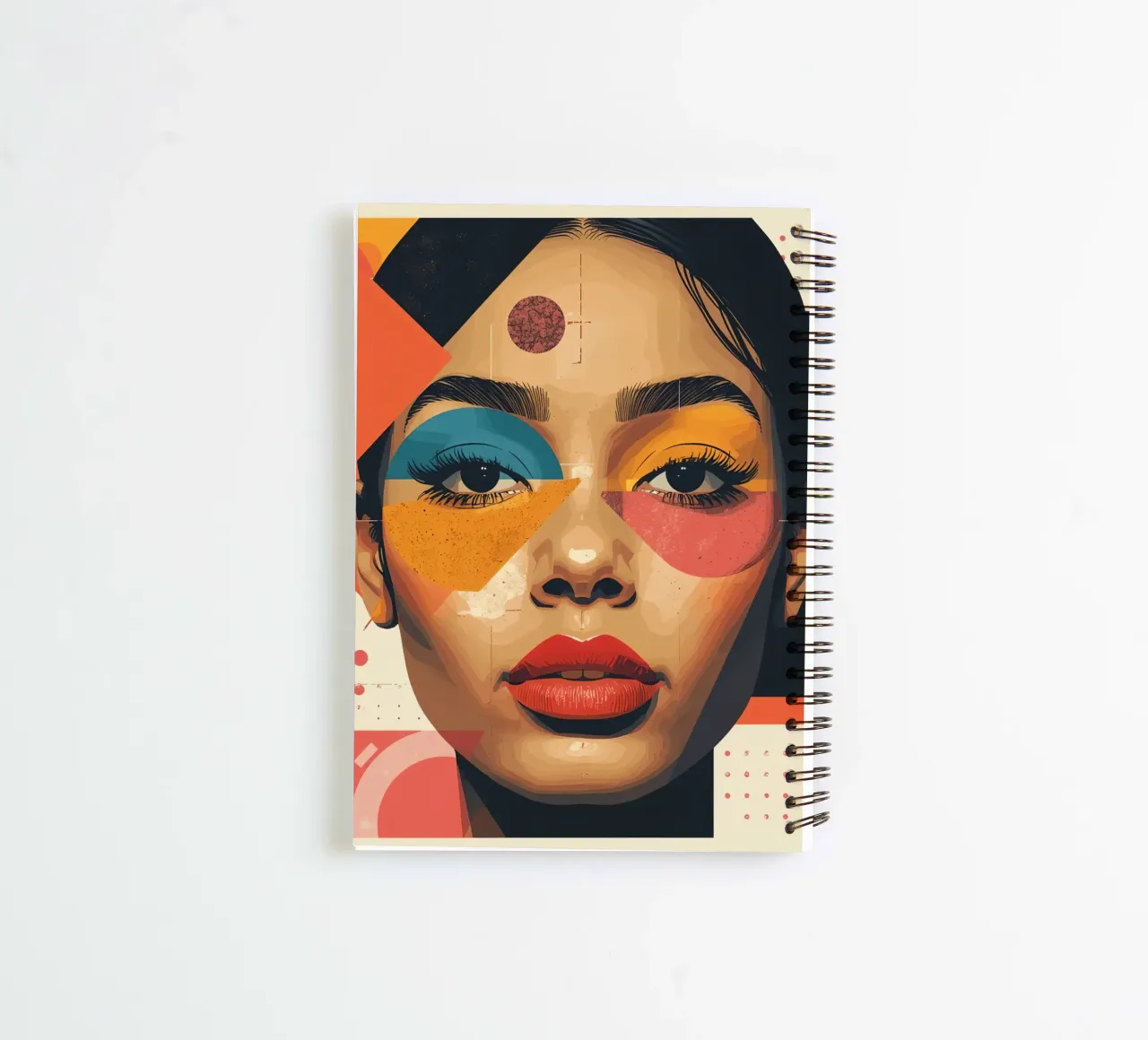 Woman's Face with Geometric Shapes and Abstract Background spiral notebook by DesignDoodle