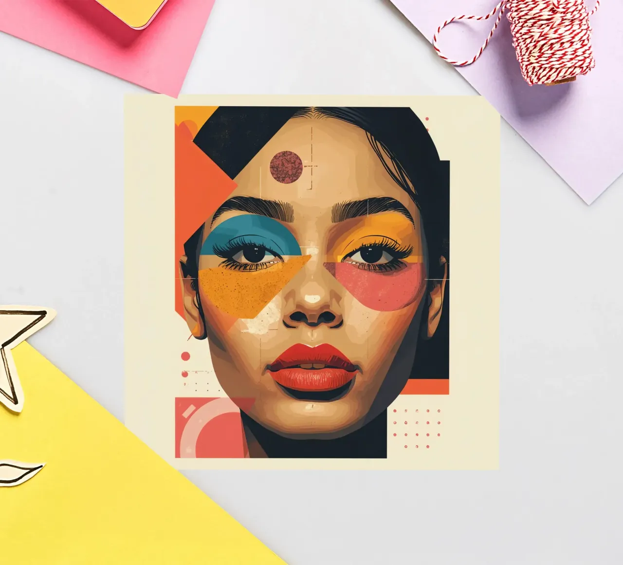 Woman's Face with Geometric Shapes and Abstract Background sticker by DesignDoodle