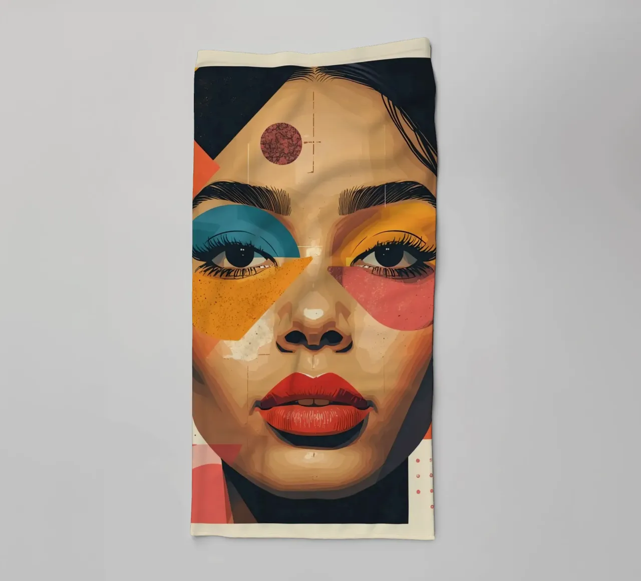Woman's Face with Geometric Shapes and Abstract Background towel by DesignDoodle