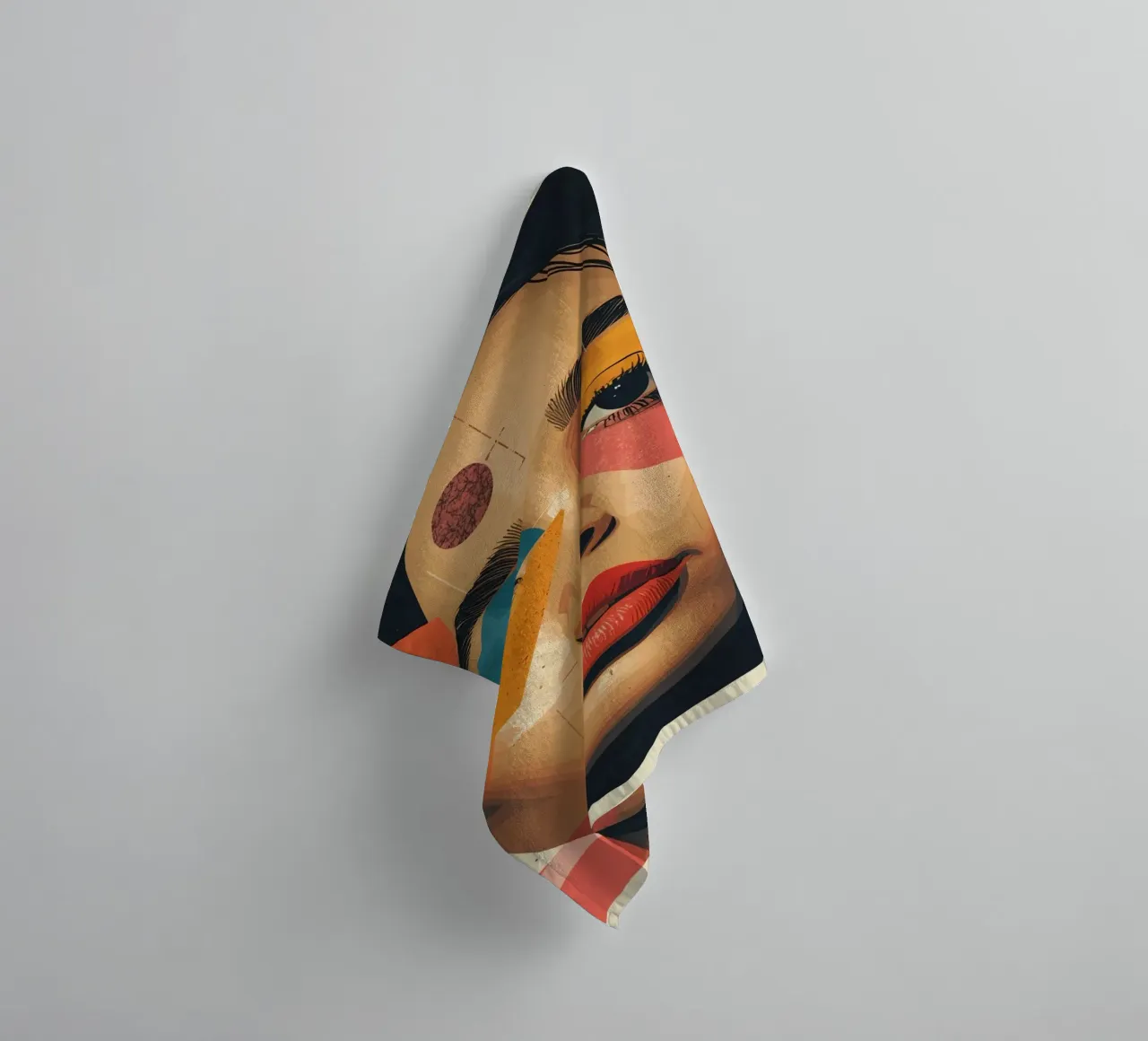 Woman's Face with Geometric Shapes and Abstract Background towel by DesignDoodle