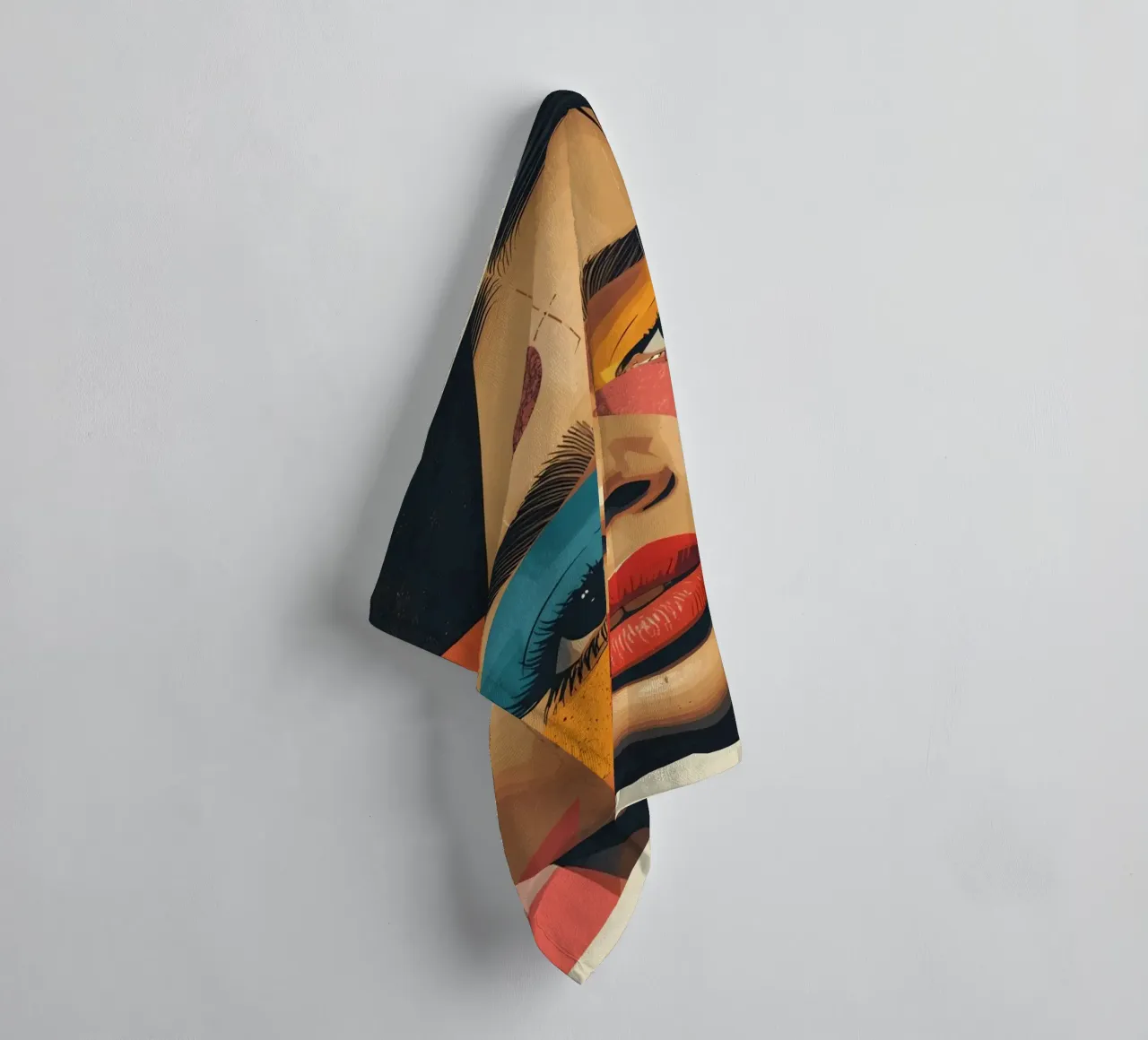 Woman's Face with Geometric Shapes and Abstract Background towel by DesignDoodle