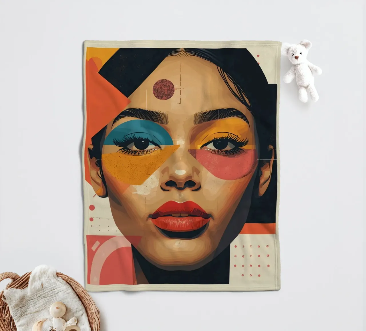 Woman's Face with Geometric Shapes and Abstract Background fleece blanket by DesignDoodle