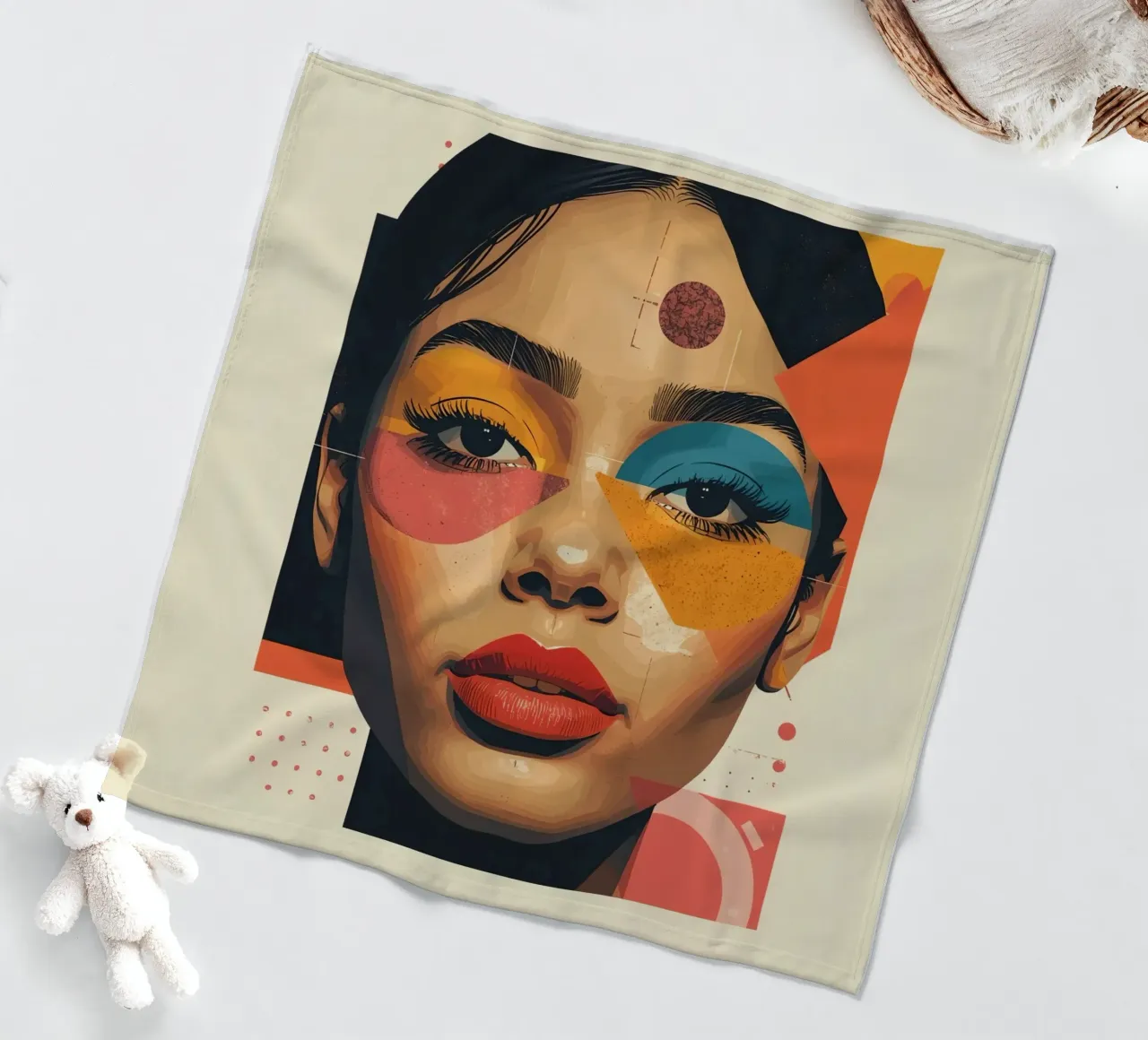 Woman's Face with Geometric Shapes and Abstract Background fleece blanket by DesignDoodle