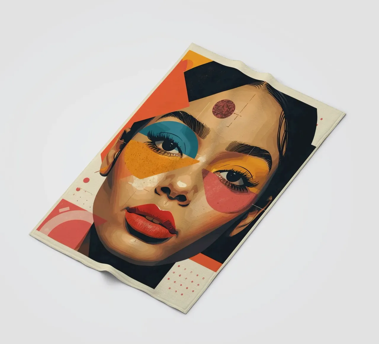 Woman's Face with Geometric Shapes and Abstract Background fleece blanket by DesignDoodle