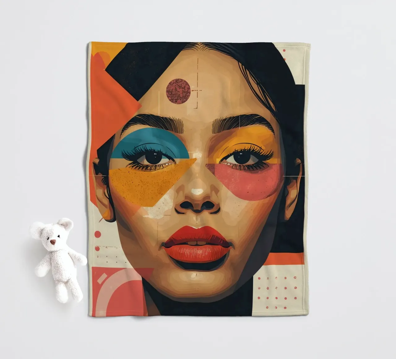 Woman's Face with Geometric Shapes and Abstract Background fleece blanket by DesignDoodle