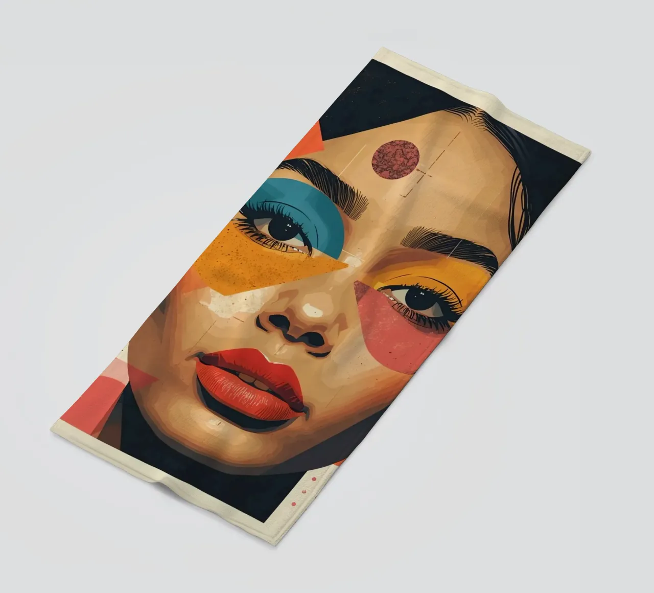Woman's Face with Geometric Shapes and Abstract Background beach towel by DesignDoodle