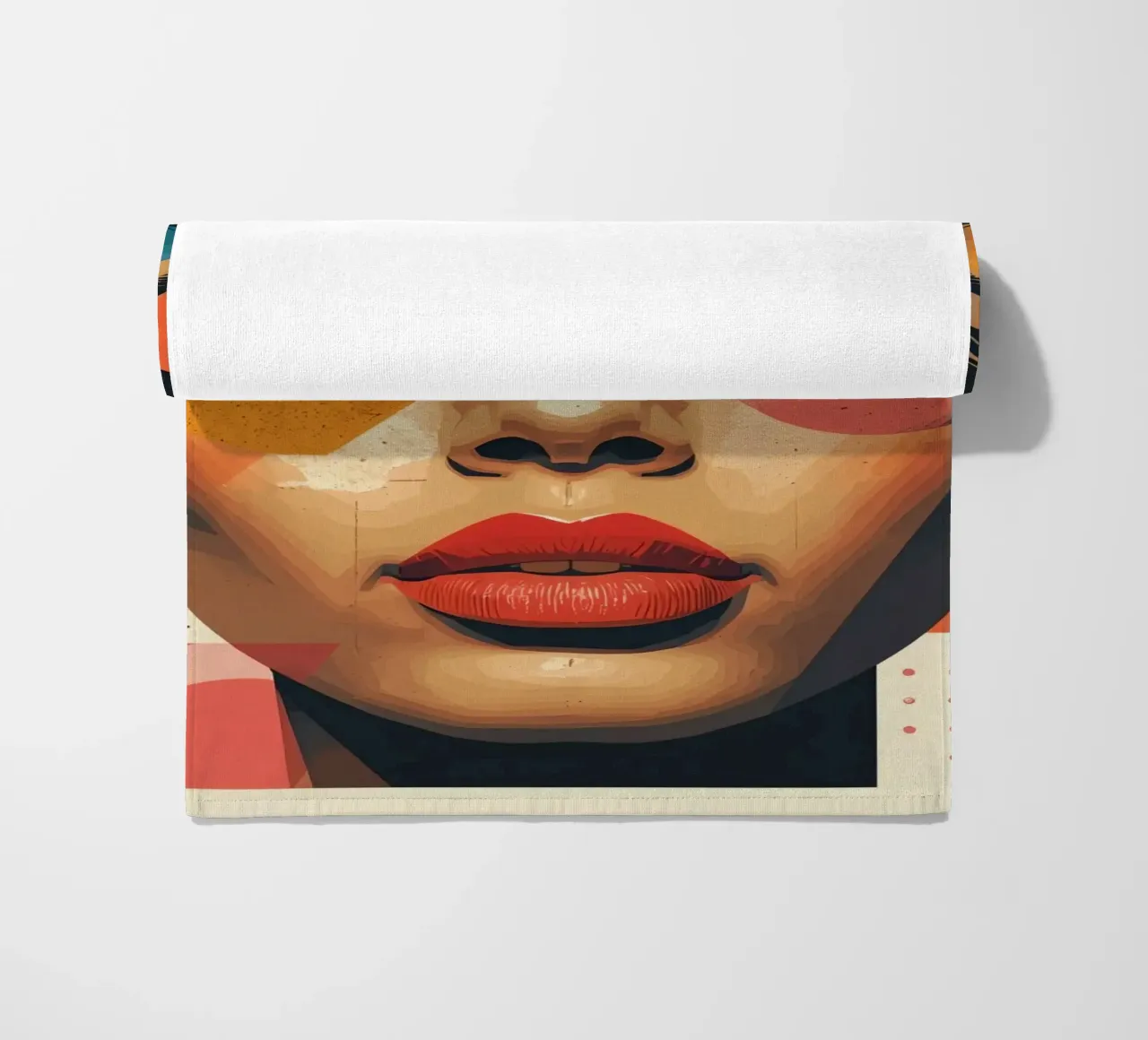 Woman's Face with Geometric Shapes and Abstract Background beach towel by DesignDoodle