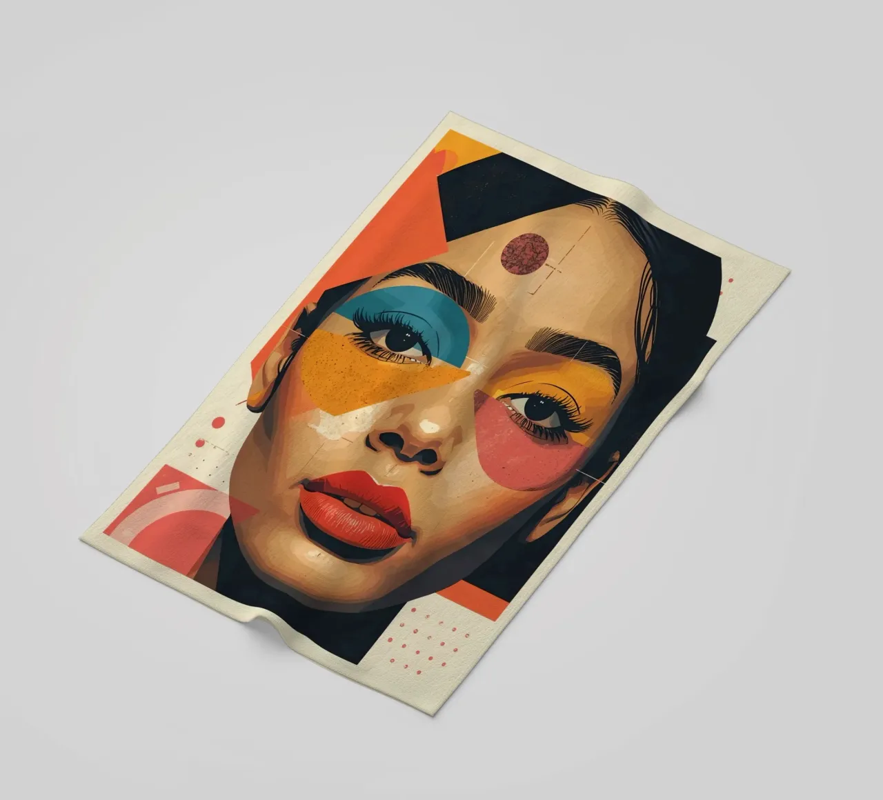Woman's Face with Geometric Shapes and Abstract Background beach towel by DesignDoodle