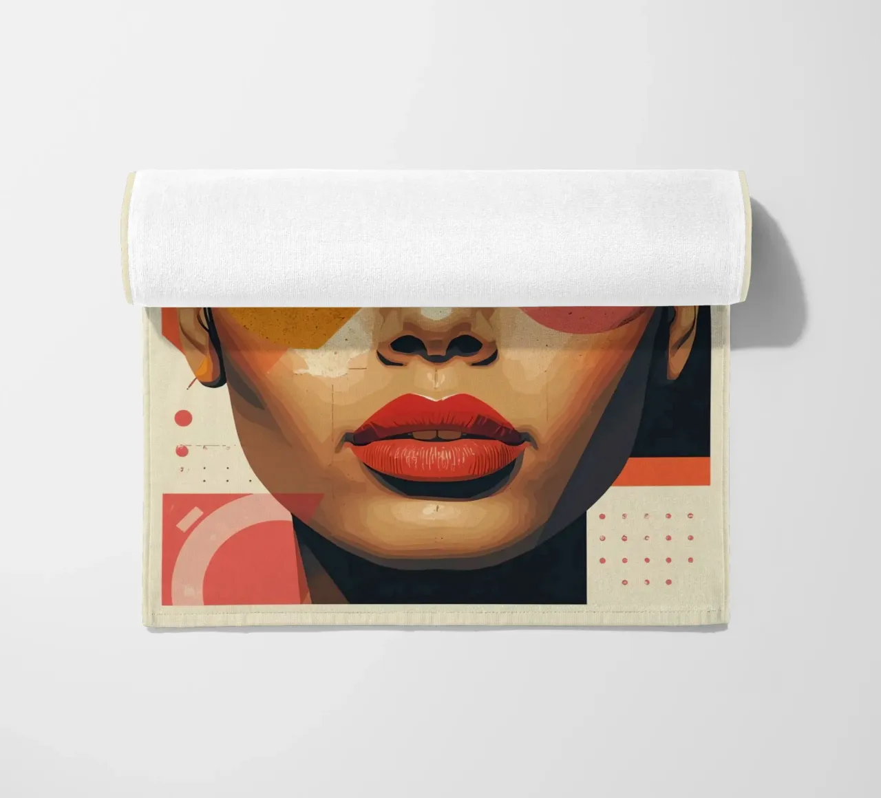Woman's Face with Geometric Shapes and Abstract Background beach towel by DesignDoodle