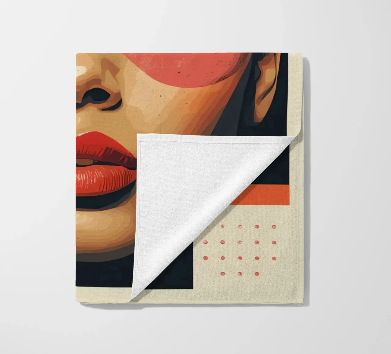 Woman's Face with Geometric Shapes and Abstract Background beach towel by DesignDoodle
