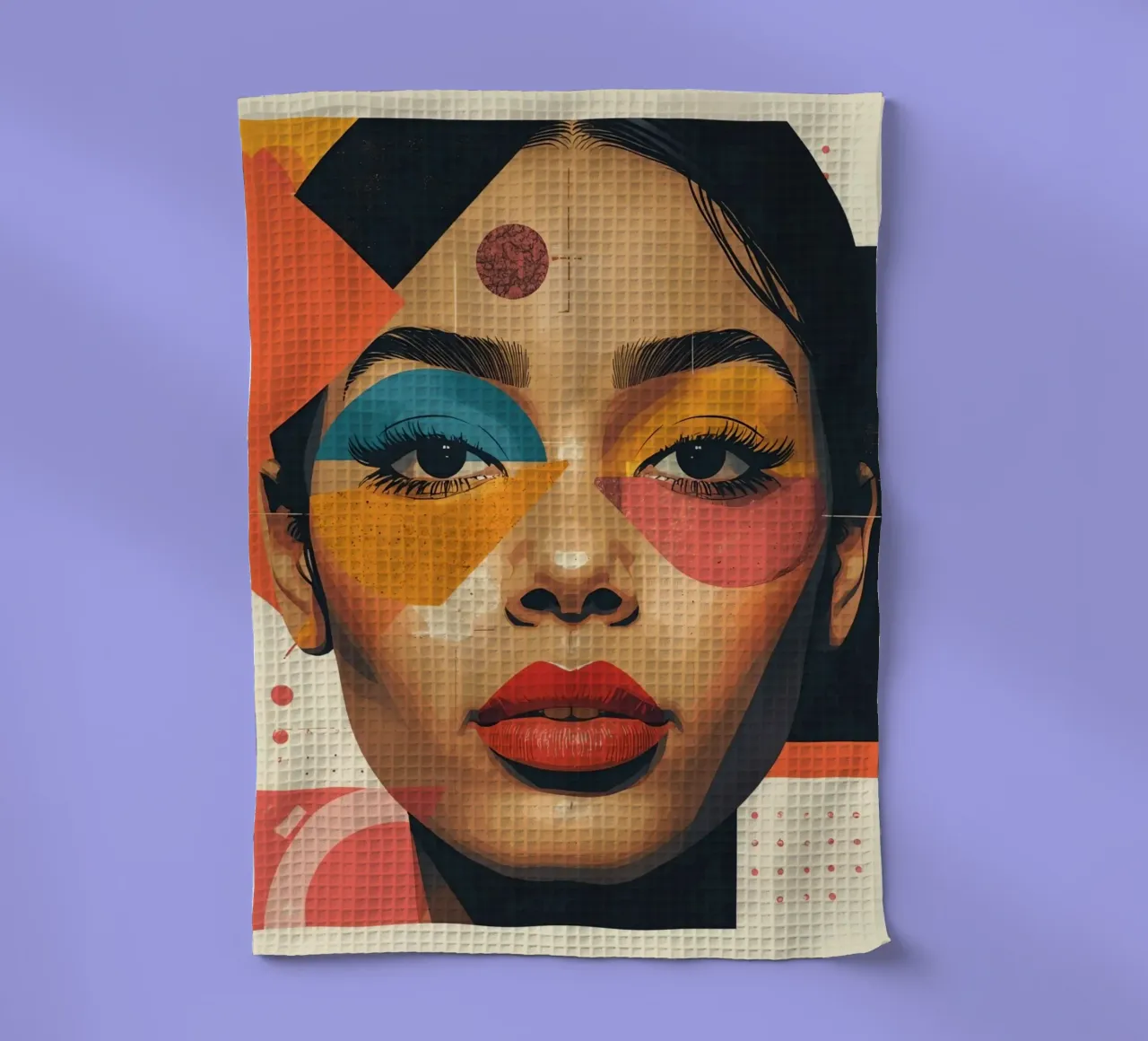 Woman's Face with Geometric Shapes and Abstract Background tea towel by DesignDoodle