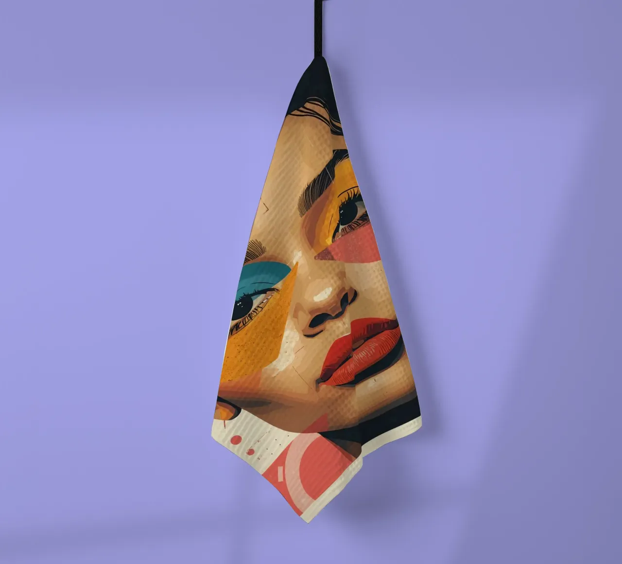 Woman's Face with Geometric Shapes and Abstract Background tea towel by DesignDoodle