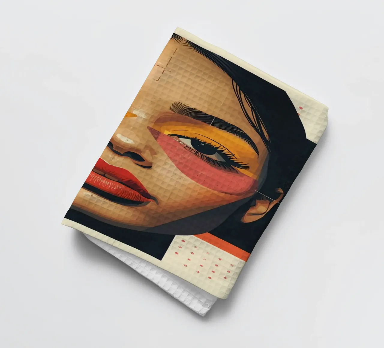 Woman's Face with Geometric Shapes and Abstract Background tea towel by DesignDoodle