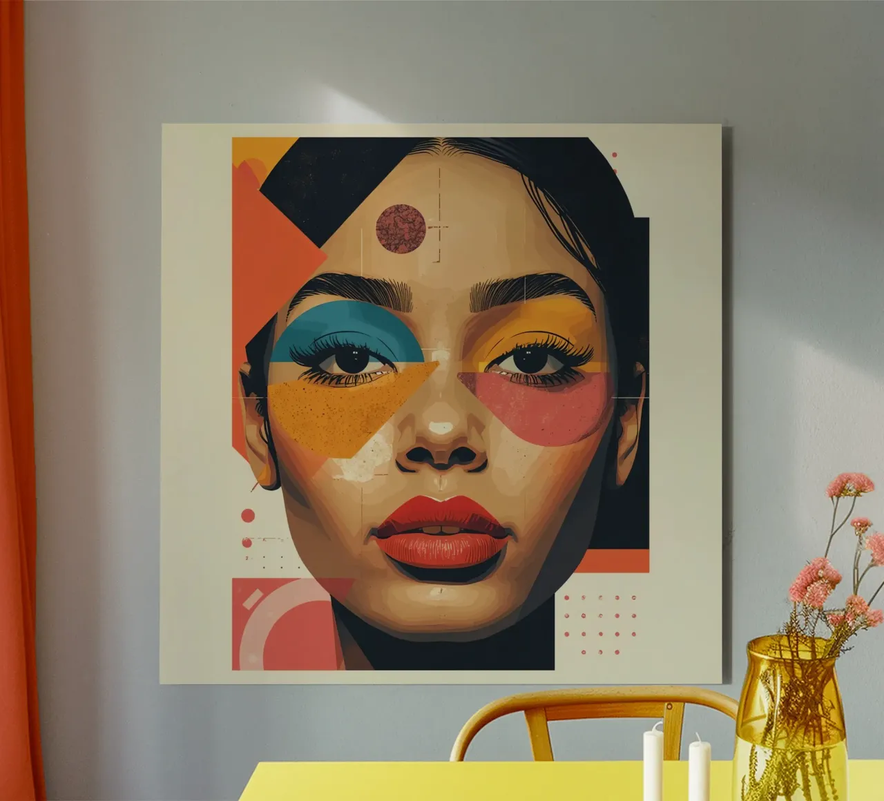 Woman's Face with Geometric Shapes and Abstract Background alu-dibond by DesignDoodle