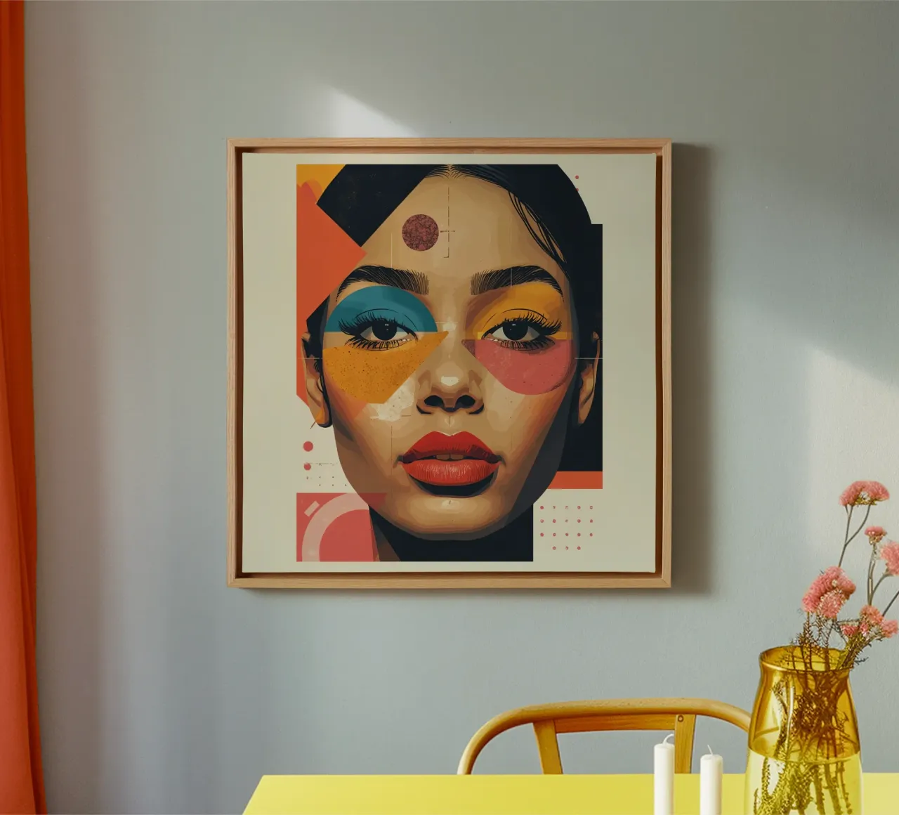Gesicht einer Frau mit geometrischen Formen und abstraktem Hintergrund Leinwand von DesignDoodle