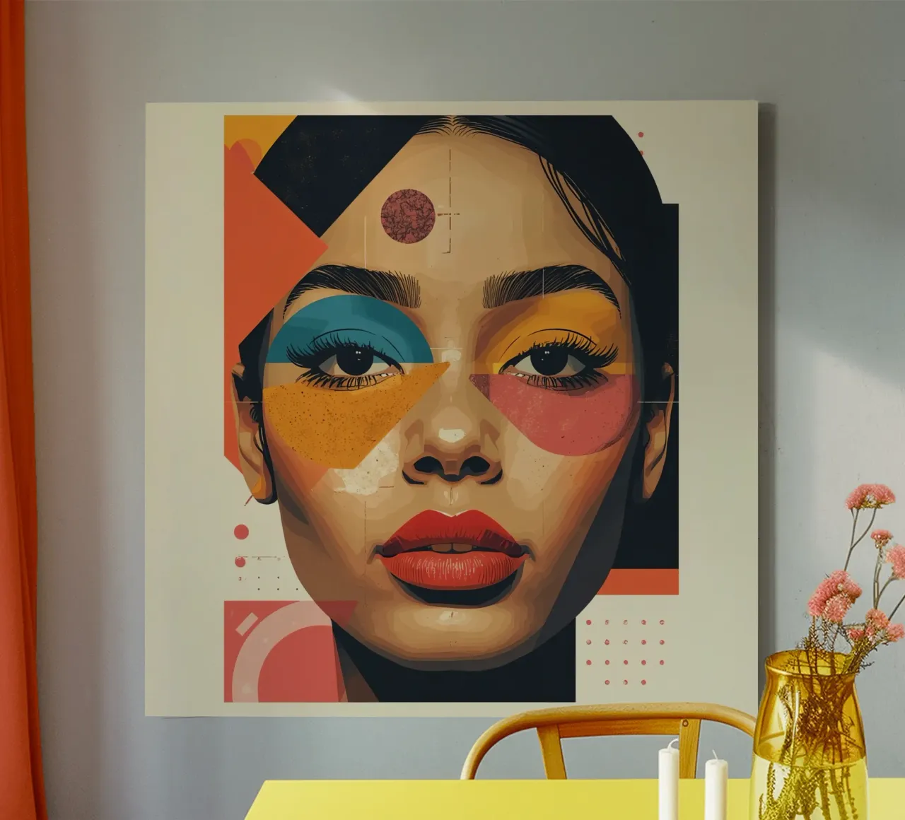Gesicht einer Frau mit geometrischen Formen und abstraktem Hintergrund Leinwand von DesignDoodle