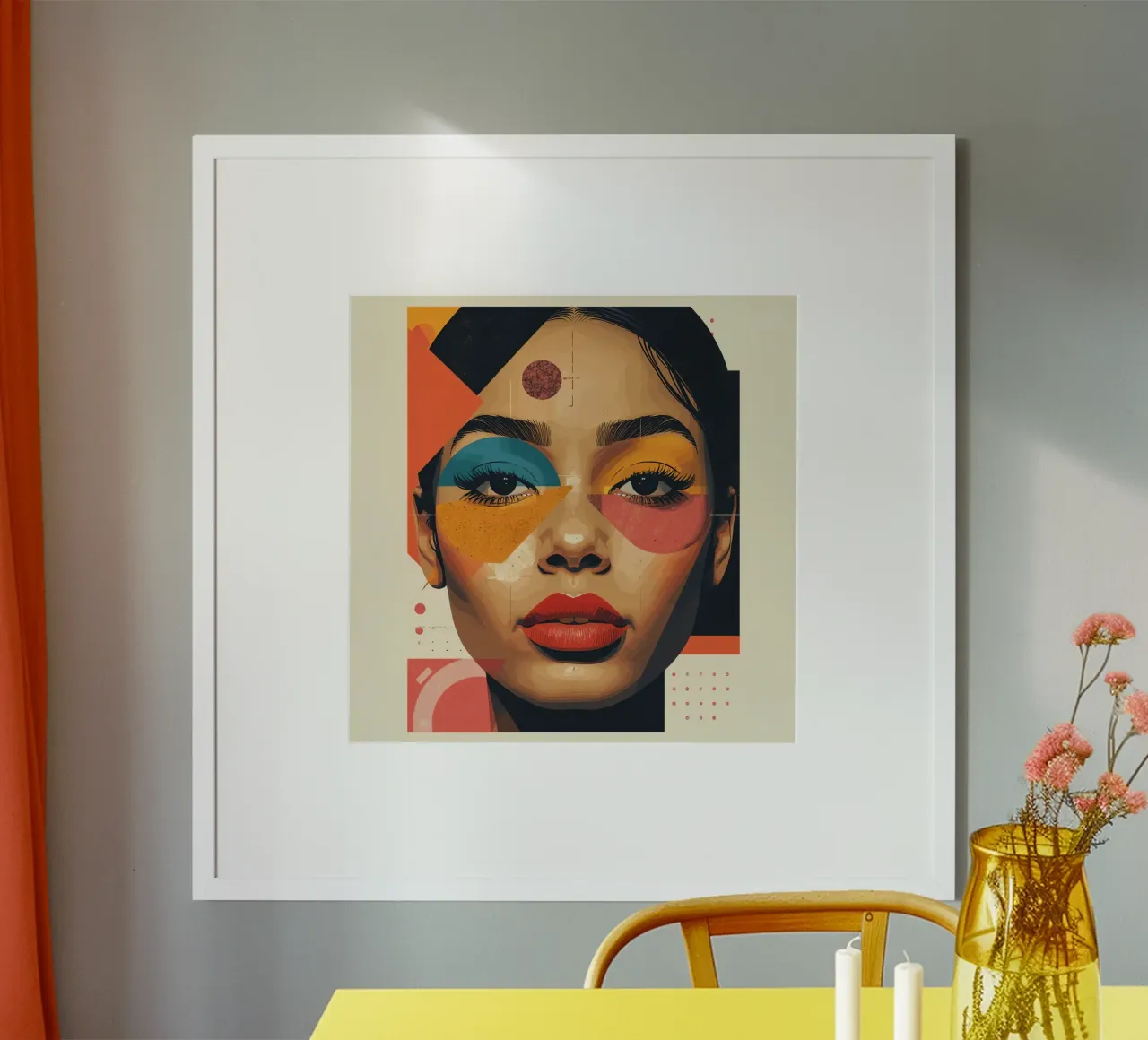 Gesicht einer Frau mit geometrischen Formen und abstraktem Hintergrund Poster mit Kunststoffrahmen von DesignDoodle