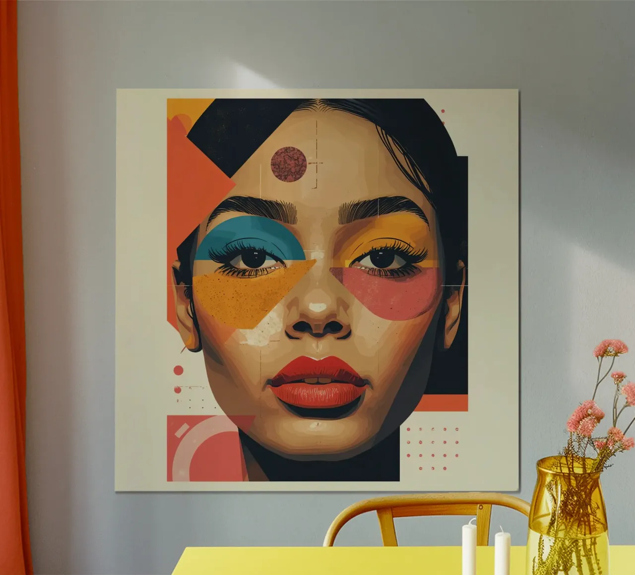 Gesicht einer Frau mit geometrischen Formen und abstraktem Hintergrund Poster mit Kunststoffrahmen von DesignDoodle