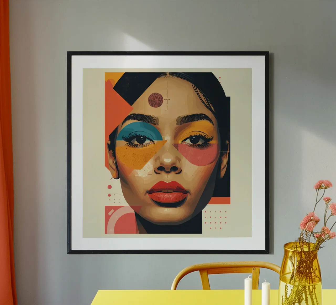 Gesicht einer Frau mit geometrischen Formen und abstraktem Hintergrund Poster mit Kunststoffrahmen von DesignDoodle