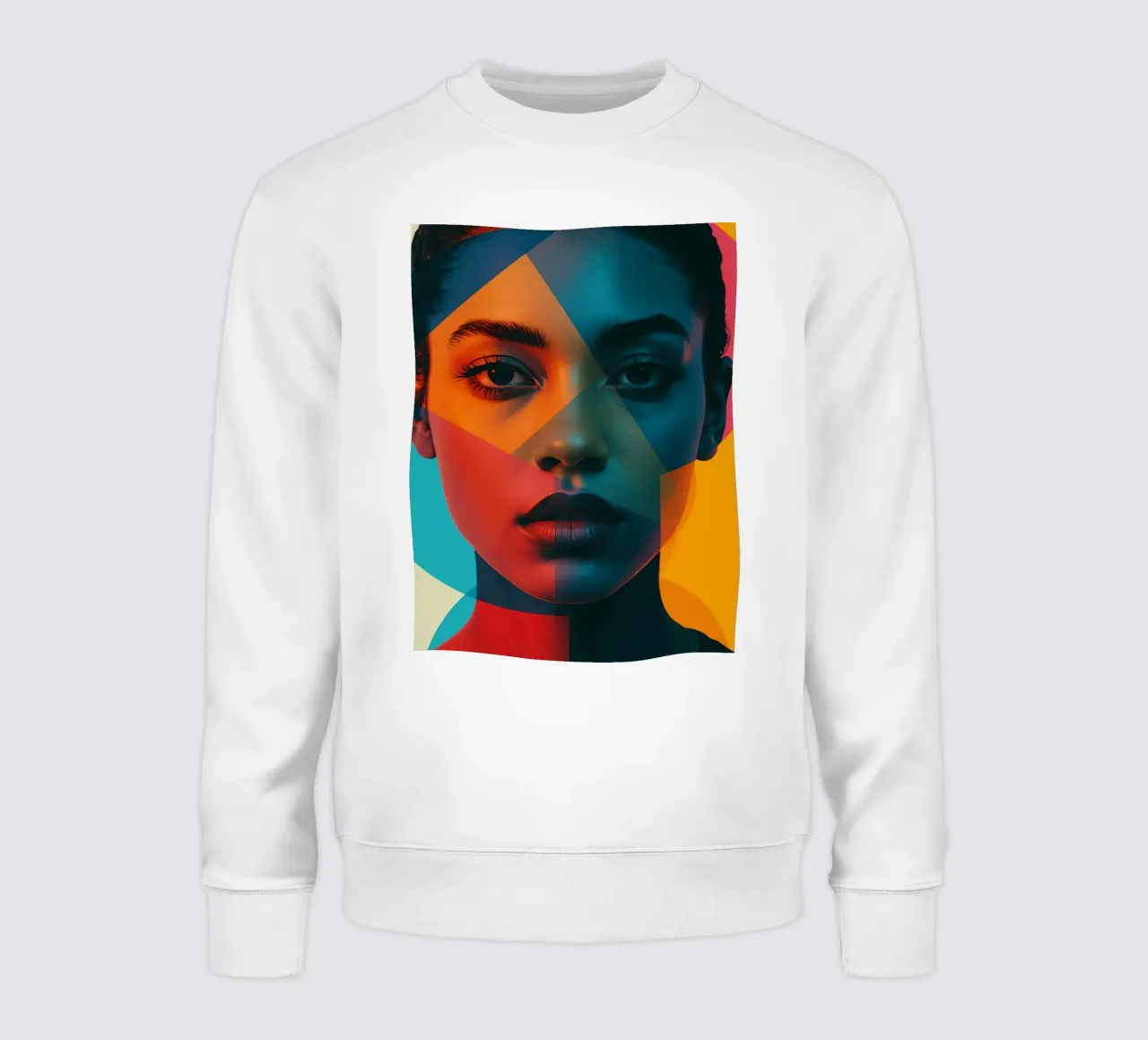 Woman's Face with Geometric Shapes and Color Blocking sweatshirt by DesignDoodle