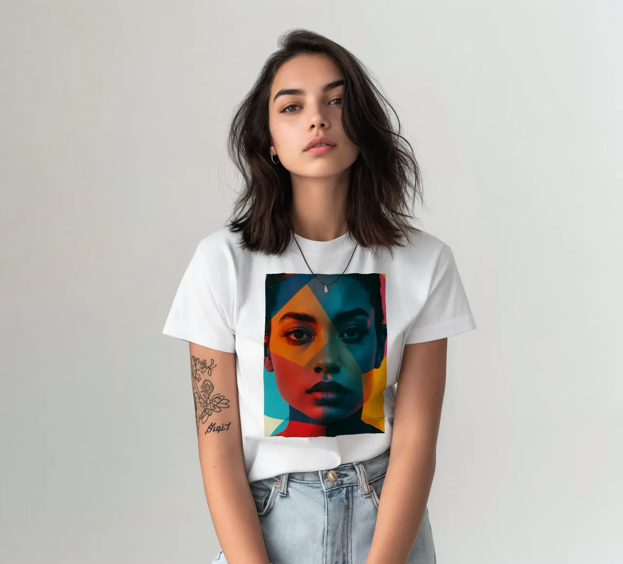 Woman's Face with Geometric Shapes and Color Blocking t-shirt by DesignDoodle