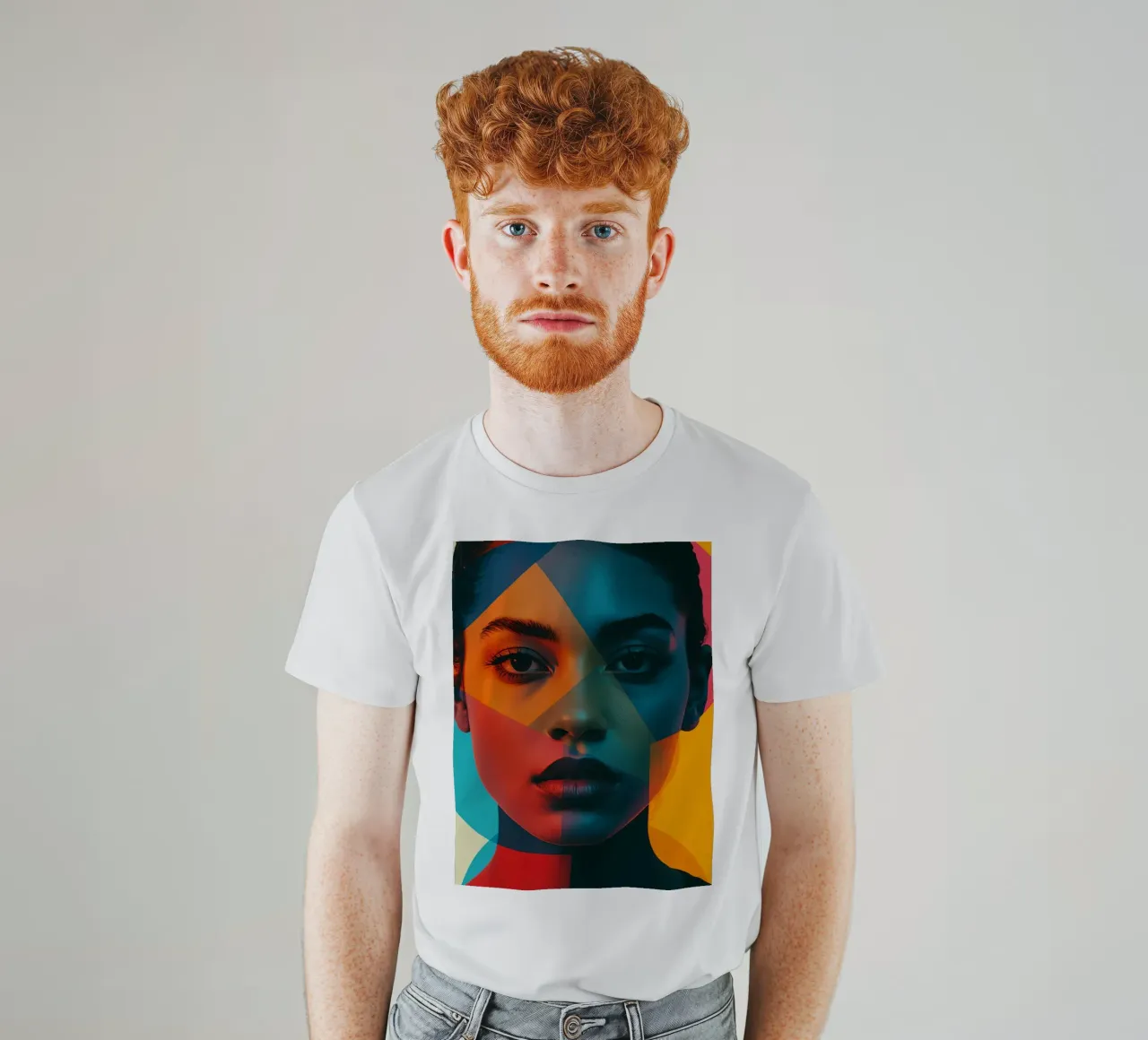 Woman's Face with Geometric Shapes and Color Blocking t-shirt by DesignDoodle