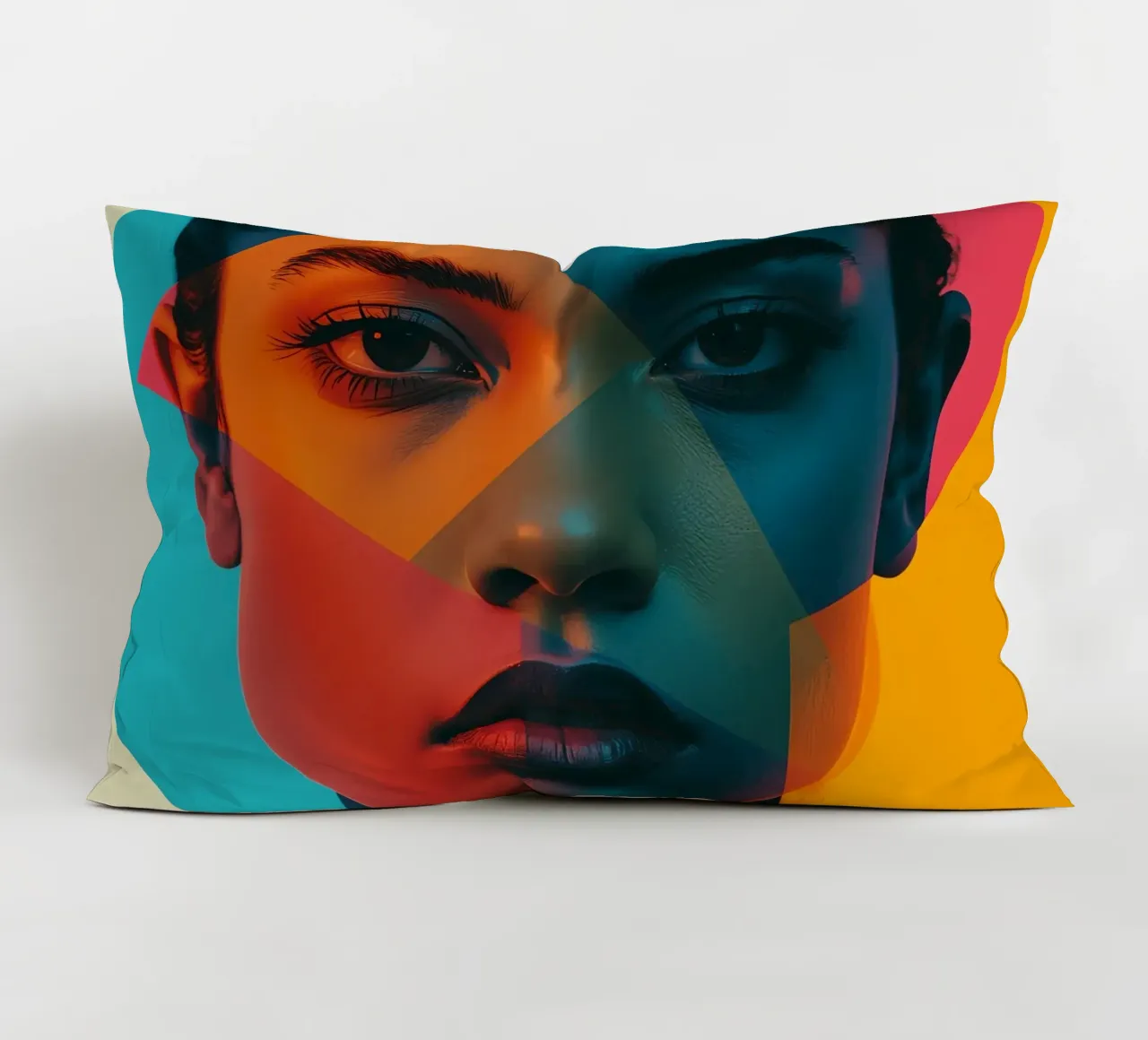 Woman's Face with Geometric Shapes and Color Blocking decorative cushion by DesignDoodle