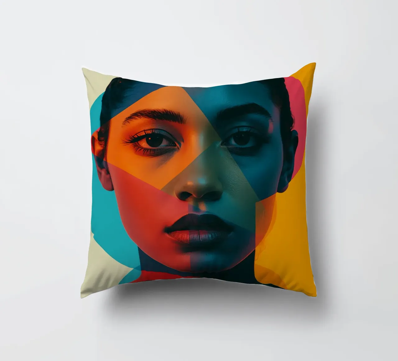 Woman's Face with Geometric Shapes and Color Blocking decorative cushion by DesignDoodle