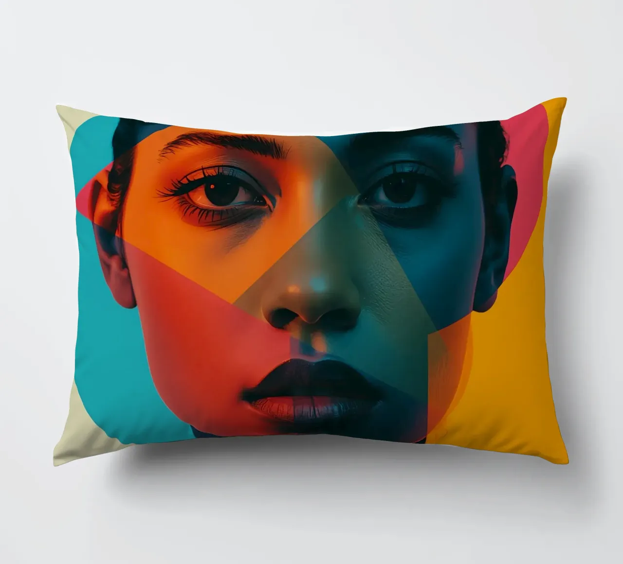 Woman's Face with Geometric Shapes and Color Blocking decorative cushion by DesignDoodle