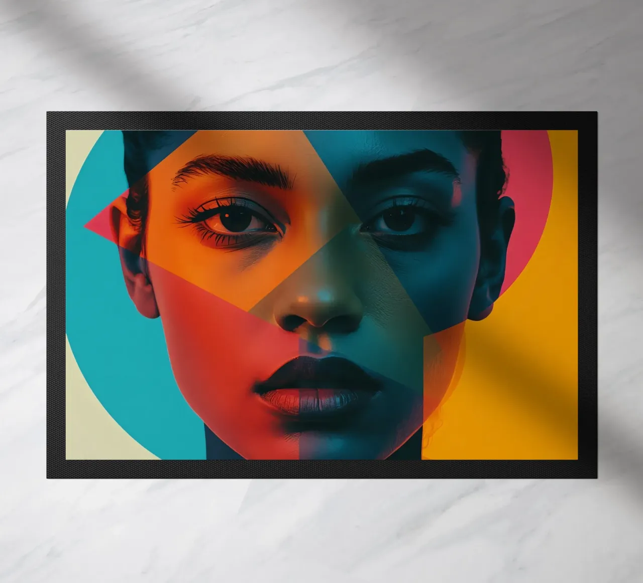 Woman's Face with Geometric Shapes and Color Blocking doormat by DesignDoodle