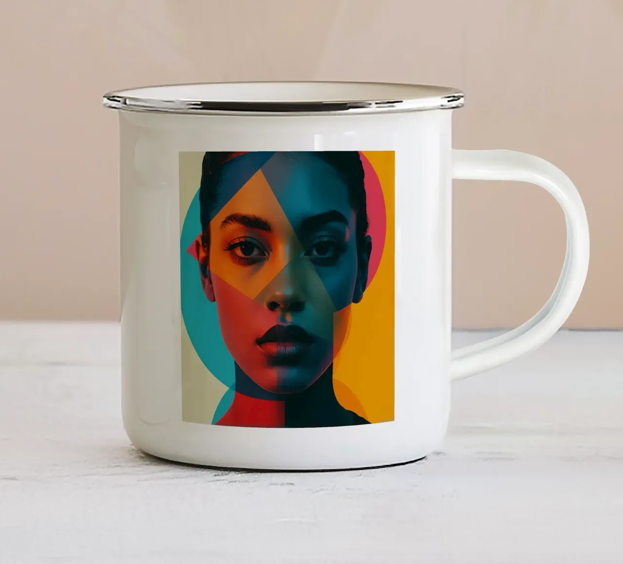 Woman's Face with Geometric Shapes and Color Blocking enamel mug by DesignDoodle