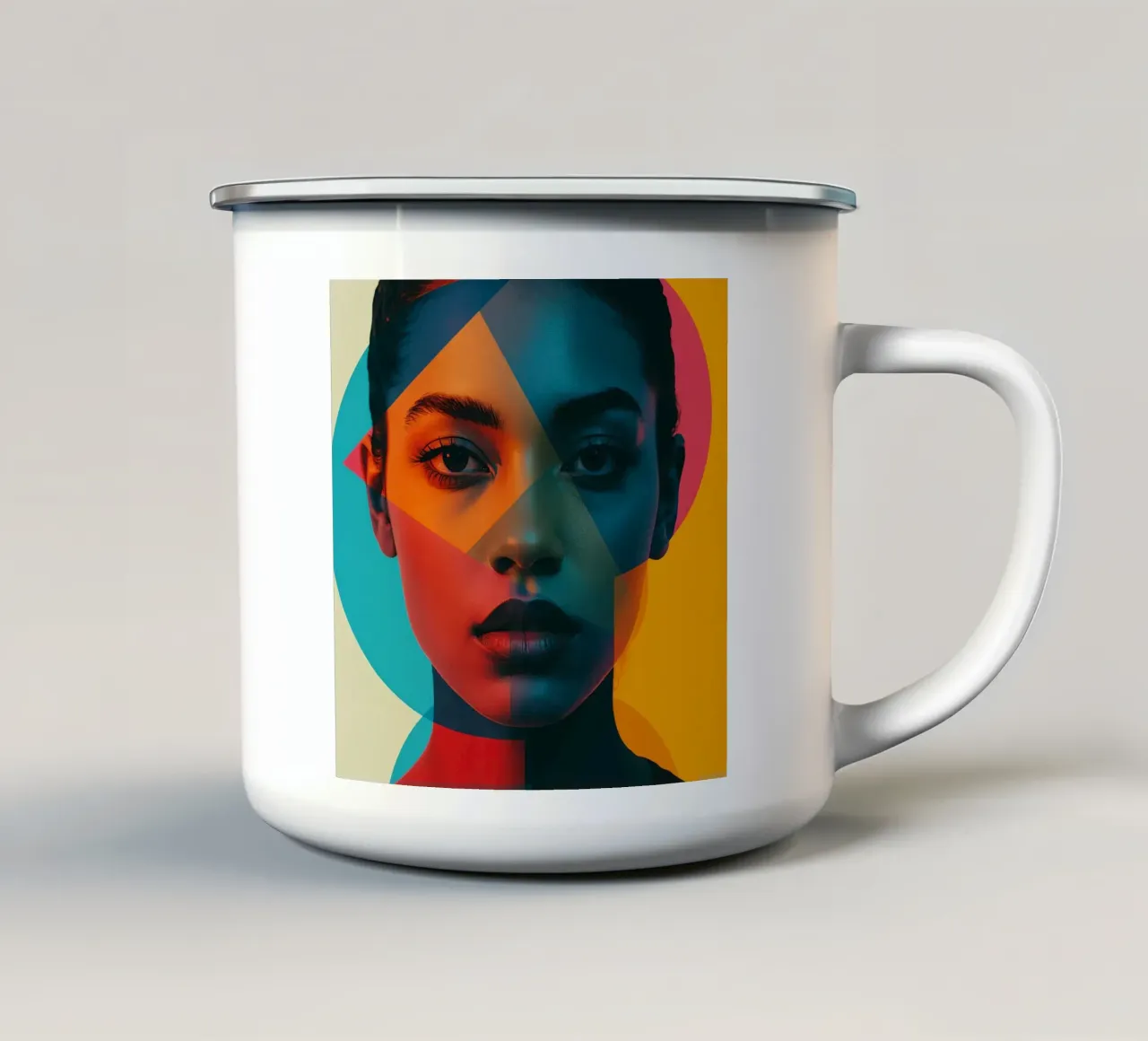 Woman's Face with Geometric Shapes and Color Blocking enamel mug by DesignDoodle