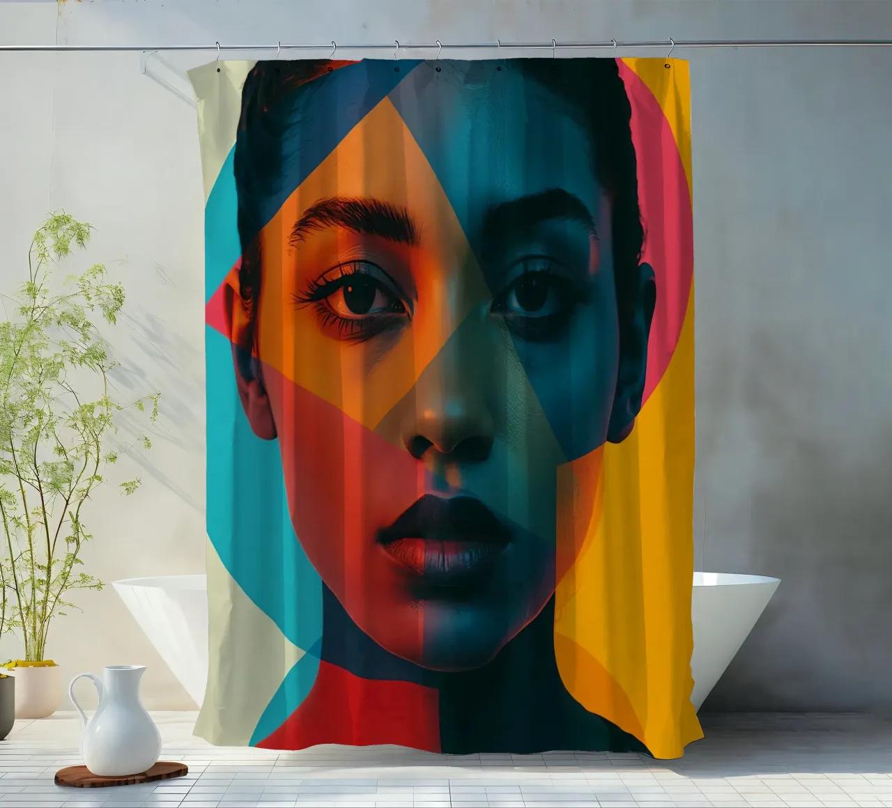 Volto di donna con forme geometriche e blocchi di colore tenda da doccia da DesignDoodle